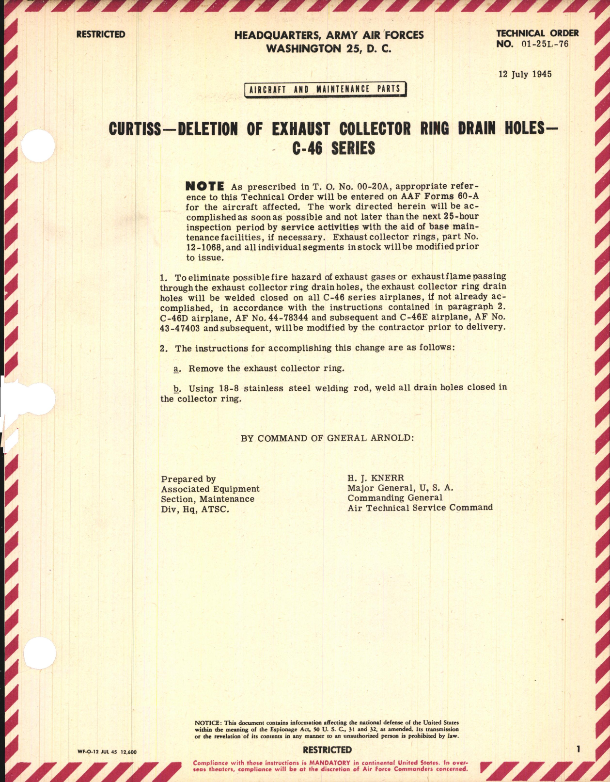 Sample page 1 from AirCorps Library document: Deletion of Exhaust Collector Ring Drain Holes for C-46 Series