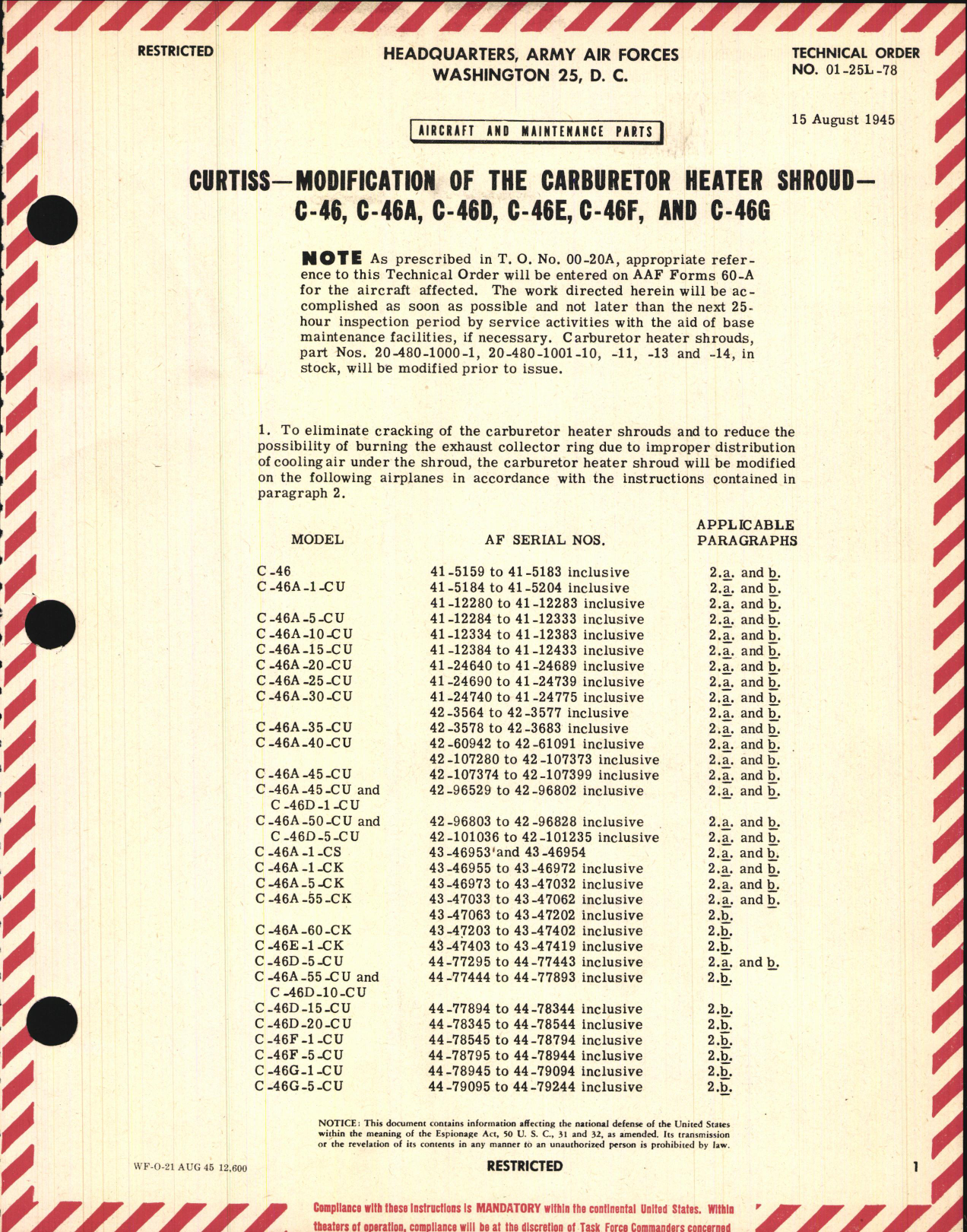 Sample page 1 from AirCorps Library document: Modification of the Carburetor Heater Shroud for C-46, A, D, E, F, and G
