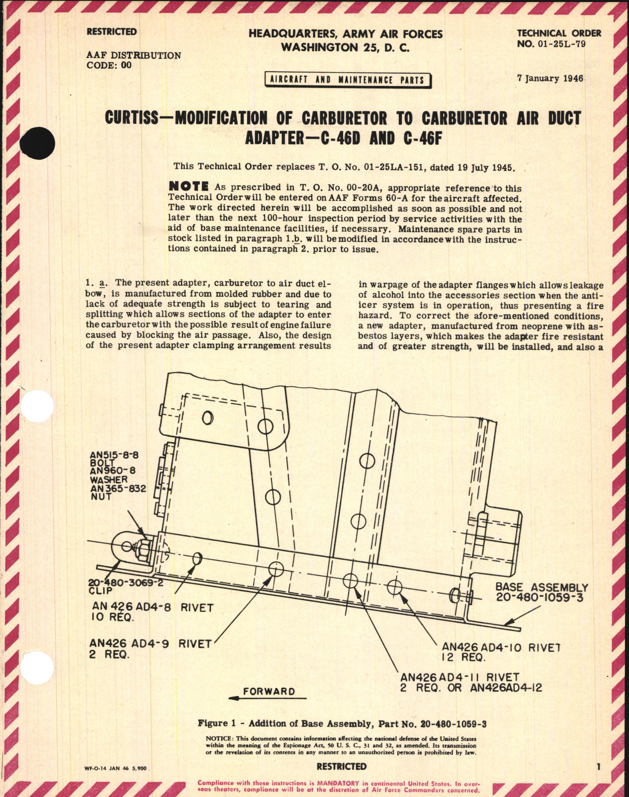 Sample page 1 from AirCorps Library document: Modification of Carburetor to Carburetor Air Duct Adapter for C-46D and C-46F