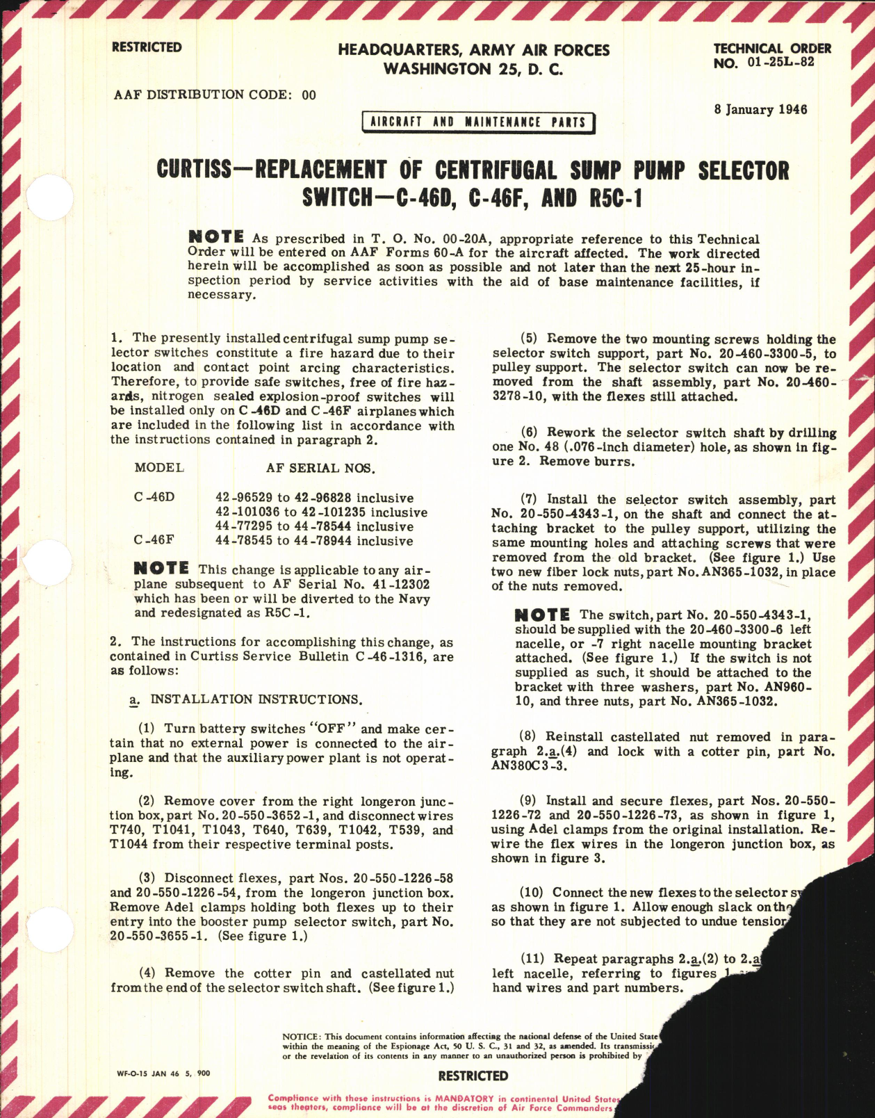 Sample page 1 from AirCorps Library document: Replacement of Centrifugal Sump Pump Selector Switch for C-46D, C-46F, and R5C-1