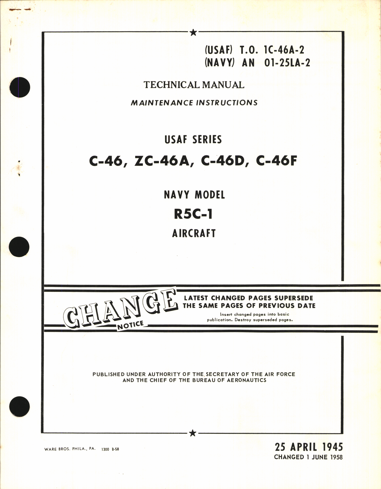 Sample page 1 from AirCorps Library document: Maintenance Instructions for C-46, ZC-46A, C-46D, C-46F, and R5C-1