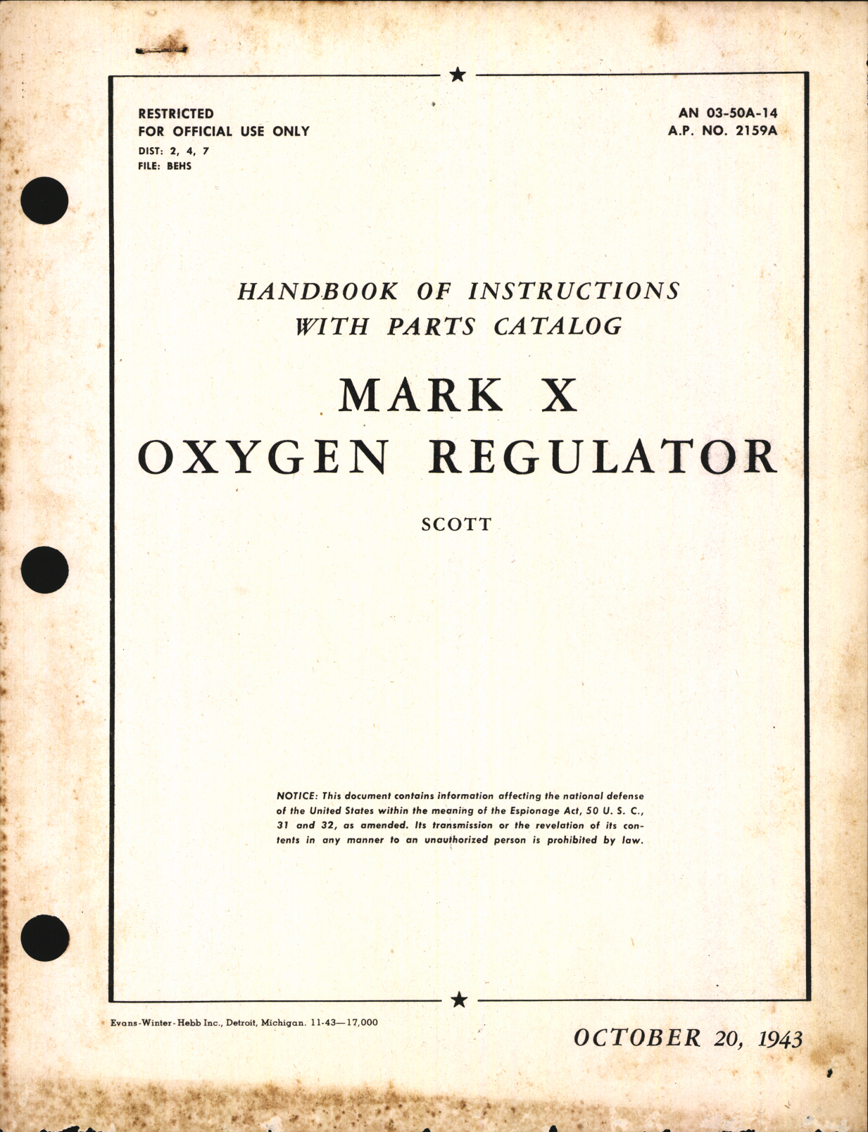 Sample page 1 from AirCorps Library document: Handbook of Instructions with Parts Catalog for Mark X Oxygen Regulator 