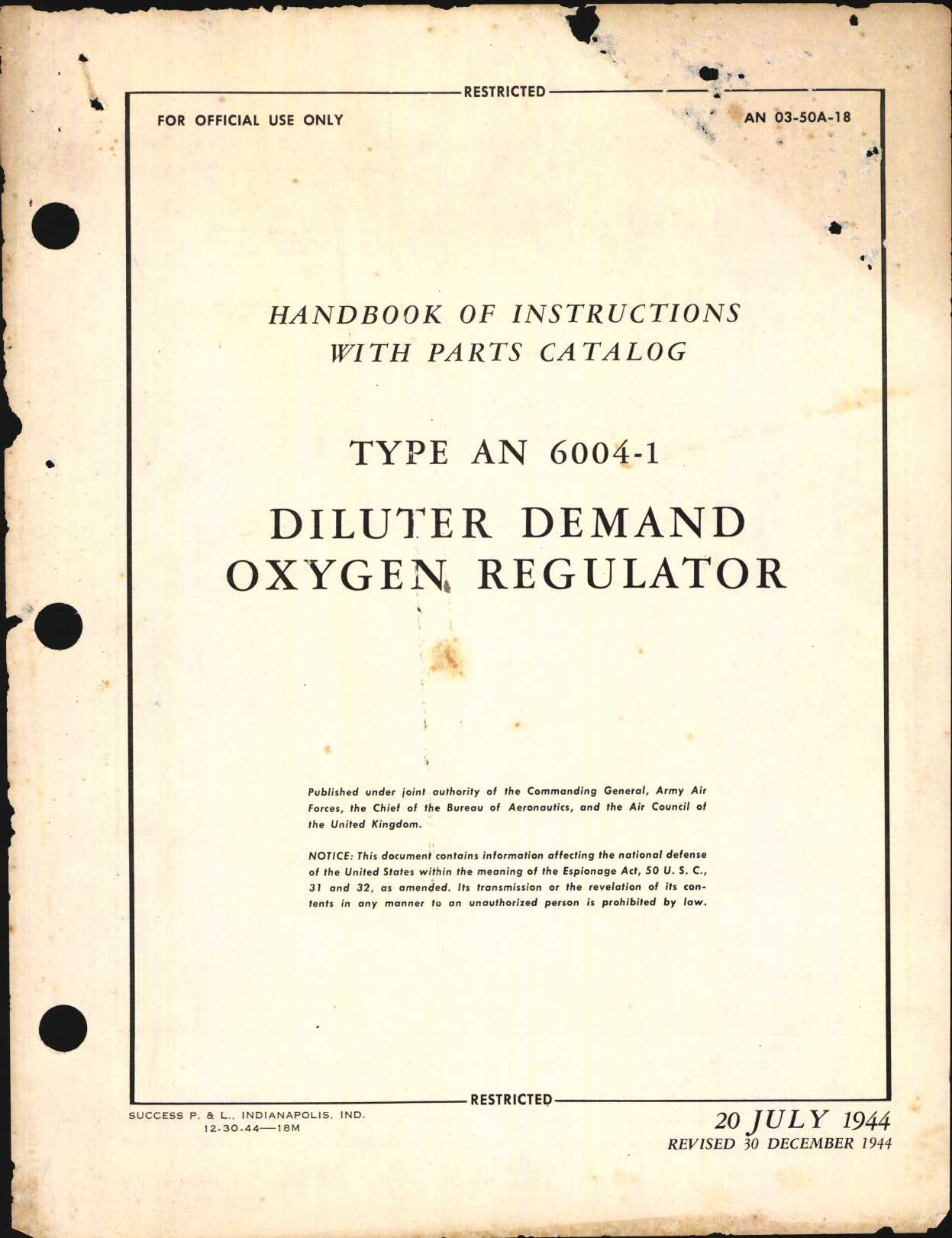 Sample page 1 from AirCorps Library document: Handbook of Instructions with Parts Catalog for Type AN 6004-1 Diluter Demand Oxygen Regulator