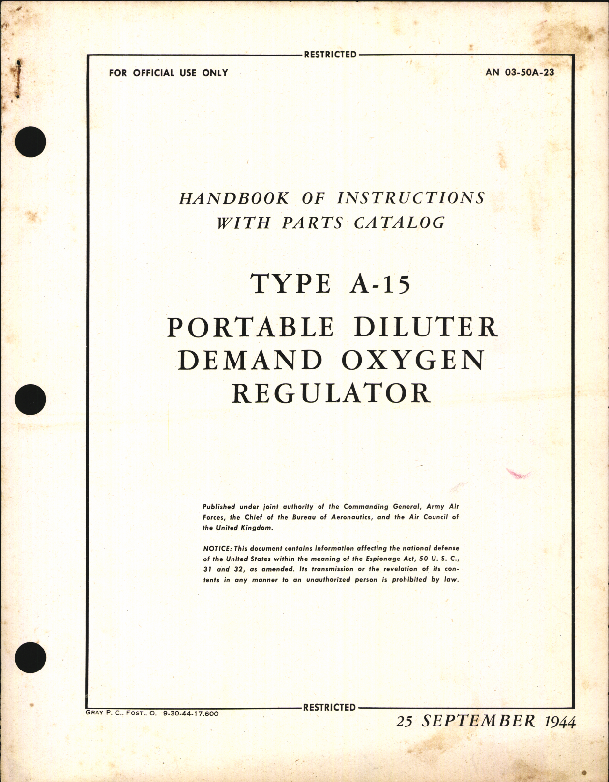 Sample page 1 from AirCorps Library document: Handbook of Instructions with Parts Catalog for Type A-15 Portable Diluter Demand Oxygen Regulator