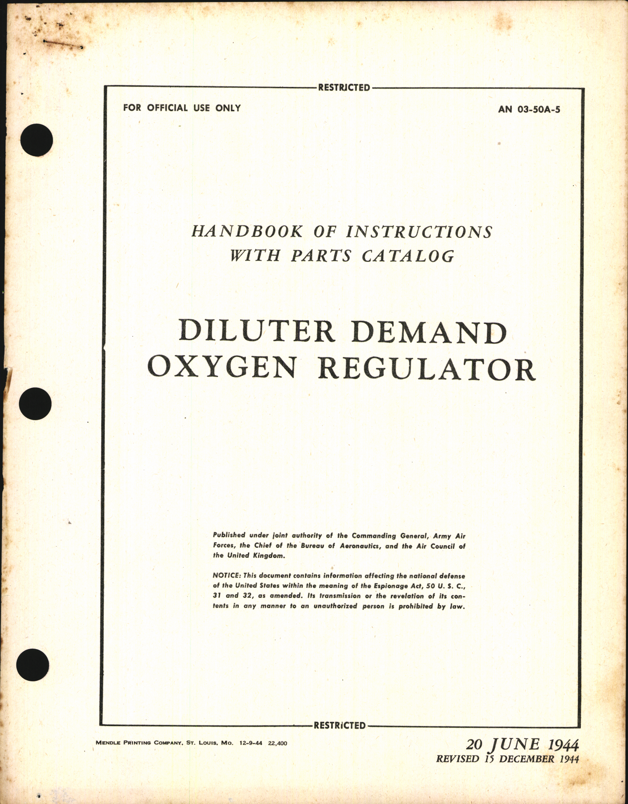 Sample page 1 from AirCorps Library document: Handbook of Instructions with Parts Catalog for Diluter Demand Oxygen Regulator