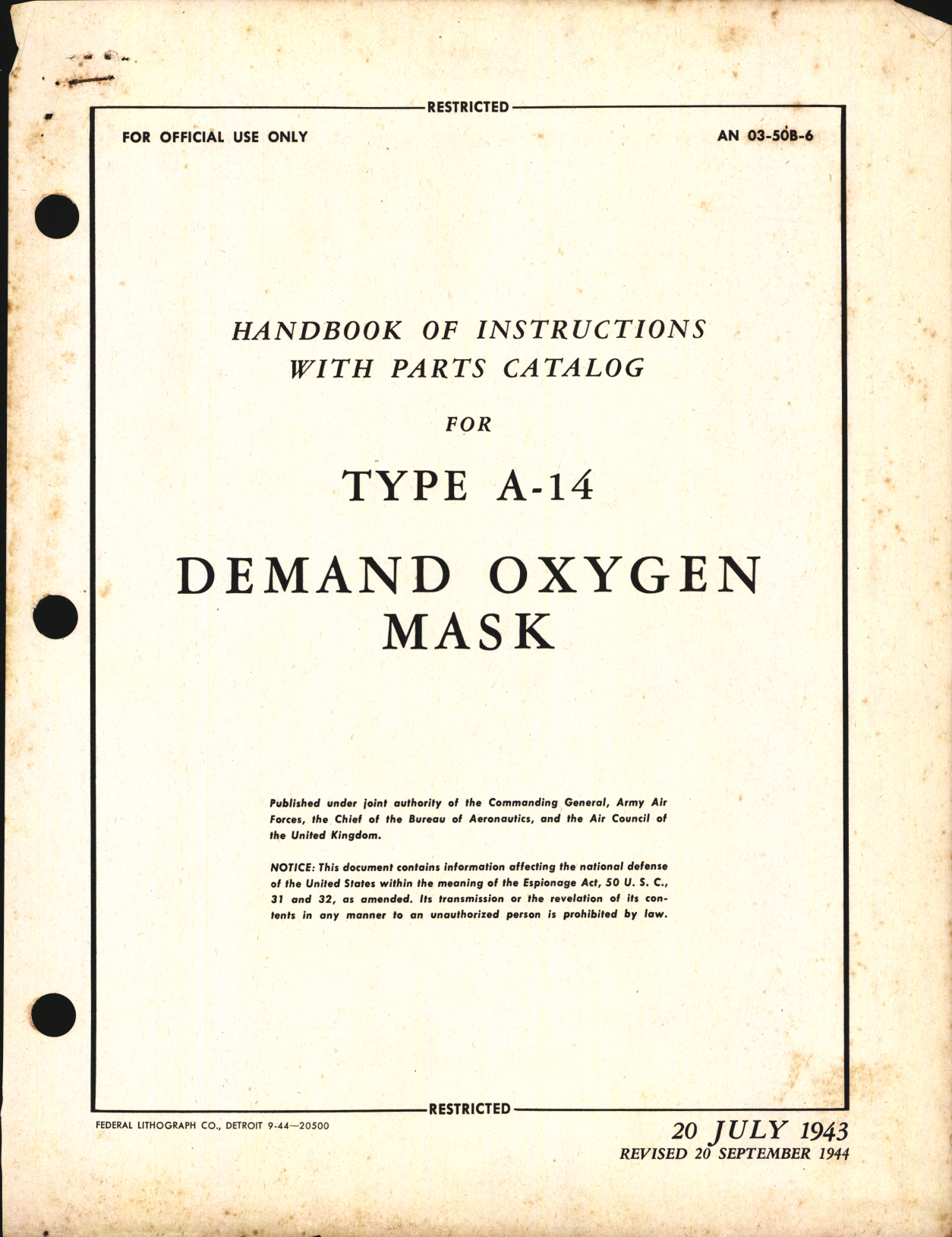 Sample page 1 from AirCorps Library document: Handbook of Instructions with Parts Catalog for Type A-14 Demand Oxygen Mask