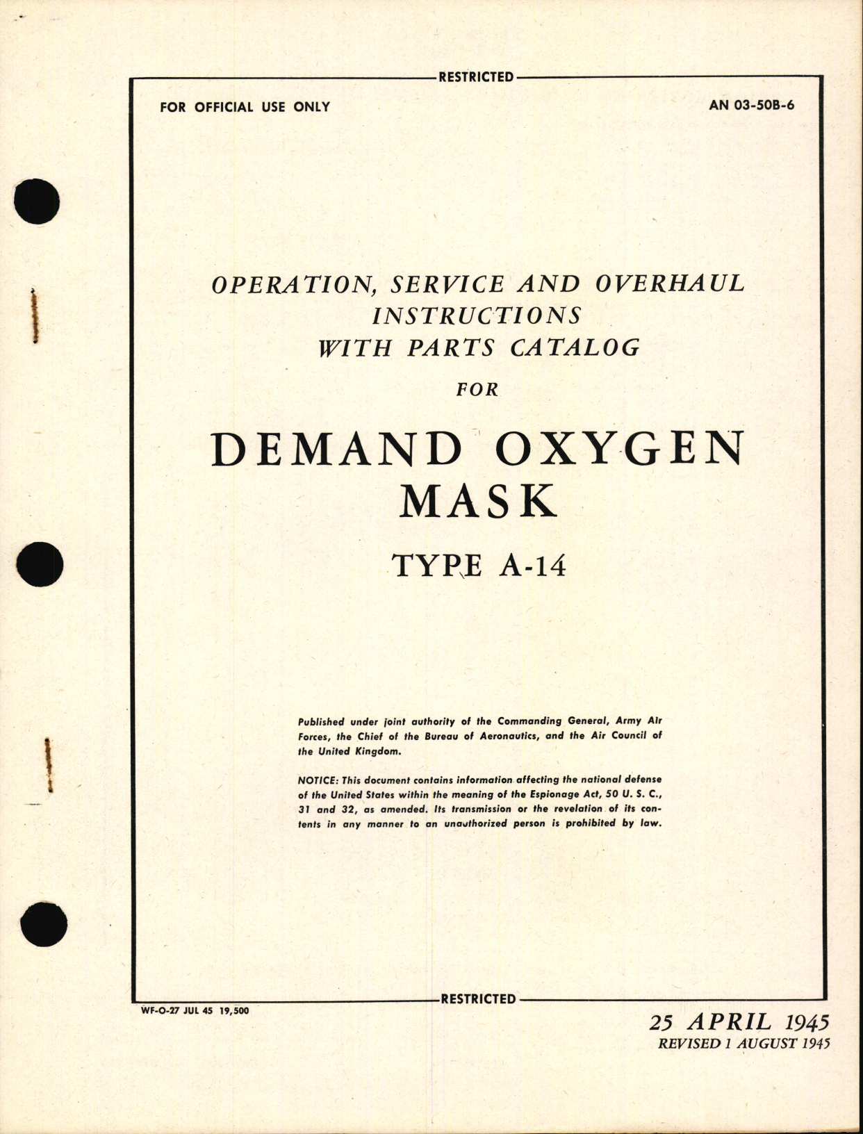Sample page 1 from AirCorps Library document: Operation, Service and Overhaul Instructions with Parts Catalog for Demand Oxygen Mask Type A-14