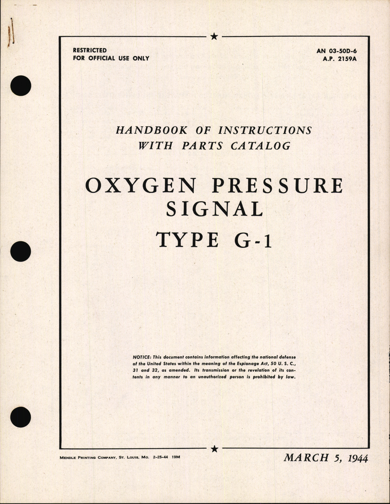 Sample page 1 from AirCorps Library document: Handbook of Instructions with Parts Catalog for Oxygen Pressure Signal Type G-1