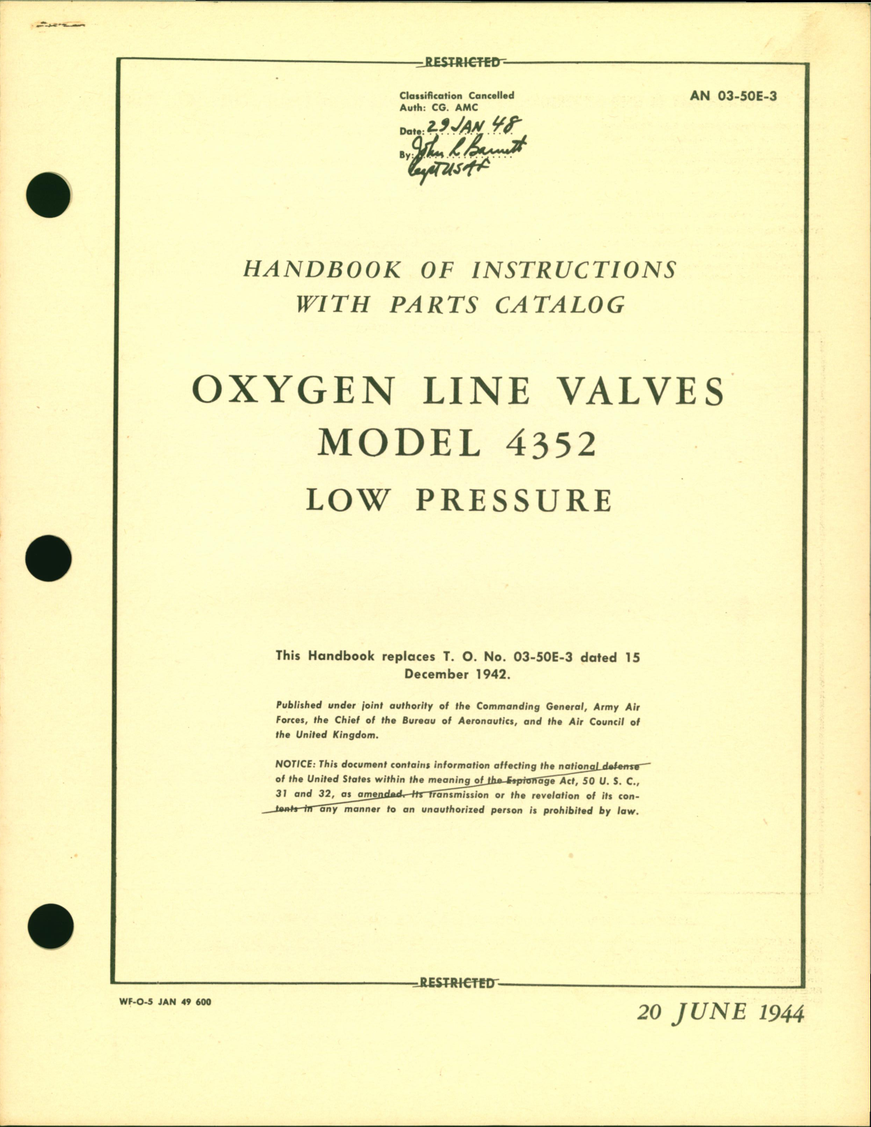Sample page 1 from AirCorps Library document: Handbook of Instructions with Parts Catalog for Oxygen Line Valves Model 4352 Low Pressure