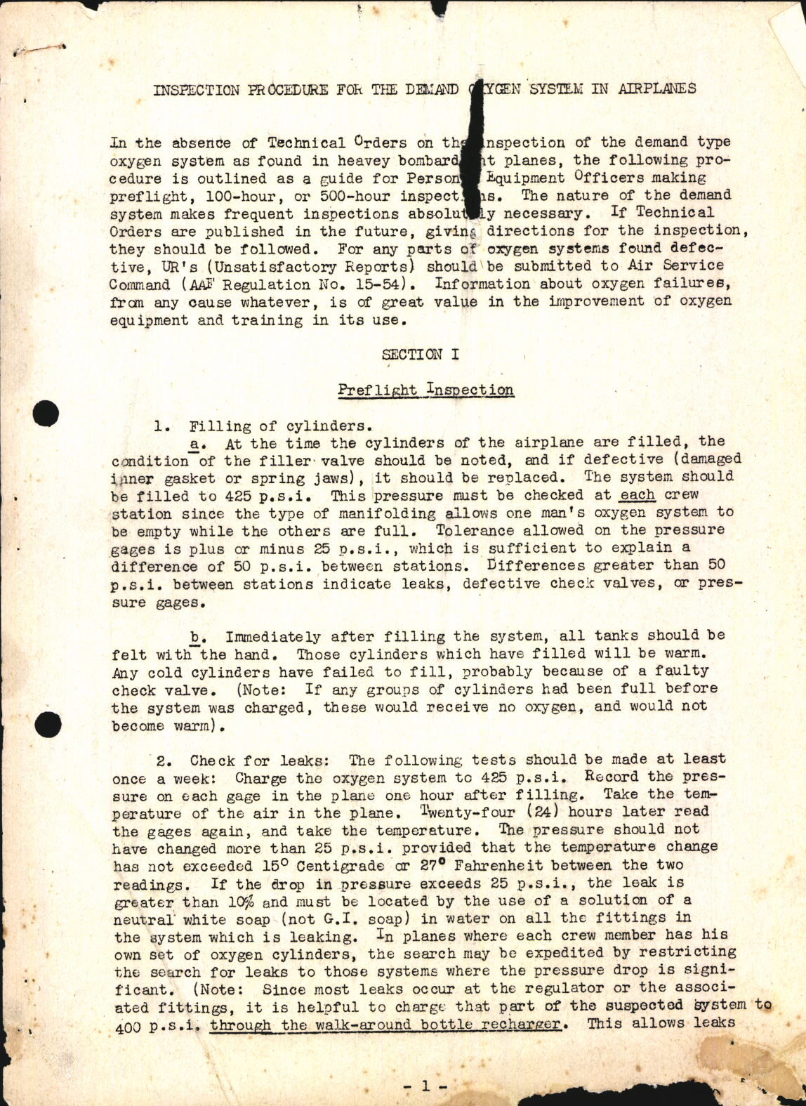 Sample page 1 from AirCorps Library document: Inspection Procedure for Demand Oxygen System in Airplanes