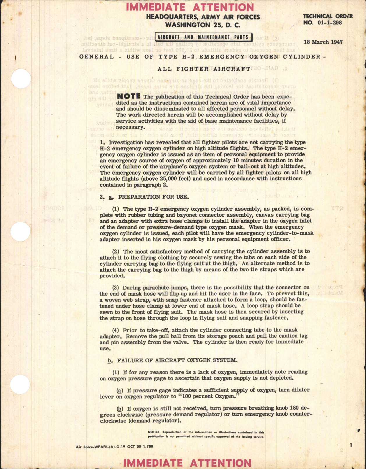 Sample page 1 from AirCorps Library document: Aircraft and Maintenance Parts for Use of Type H-2, Emergency Oxygen Cylinder- All Fighter Aircraft