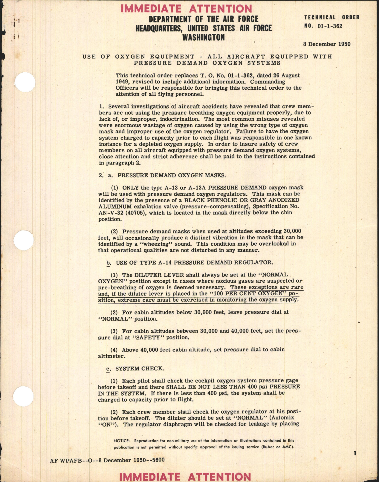 Sample page 1 from AirCorps Library document: Use of Oxygen Equipment, All Aircraft Equipped with Pressure Demand Oxygen Systems