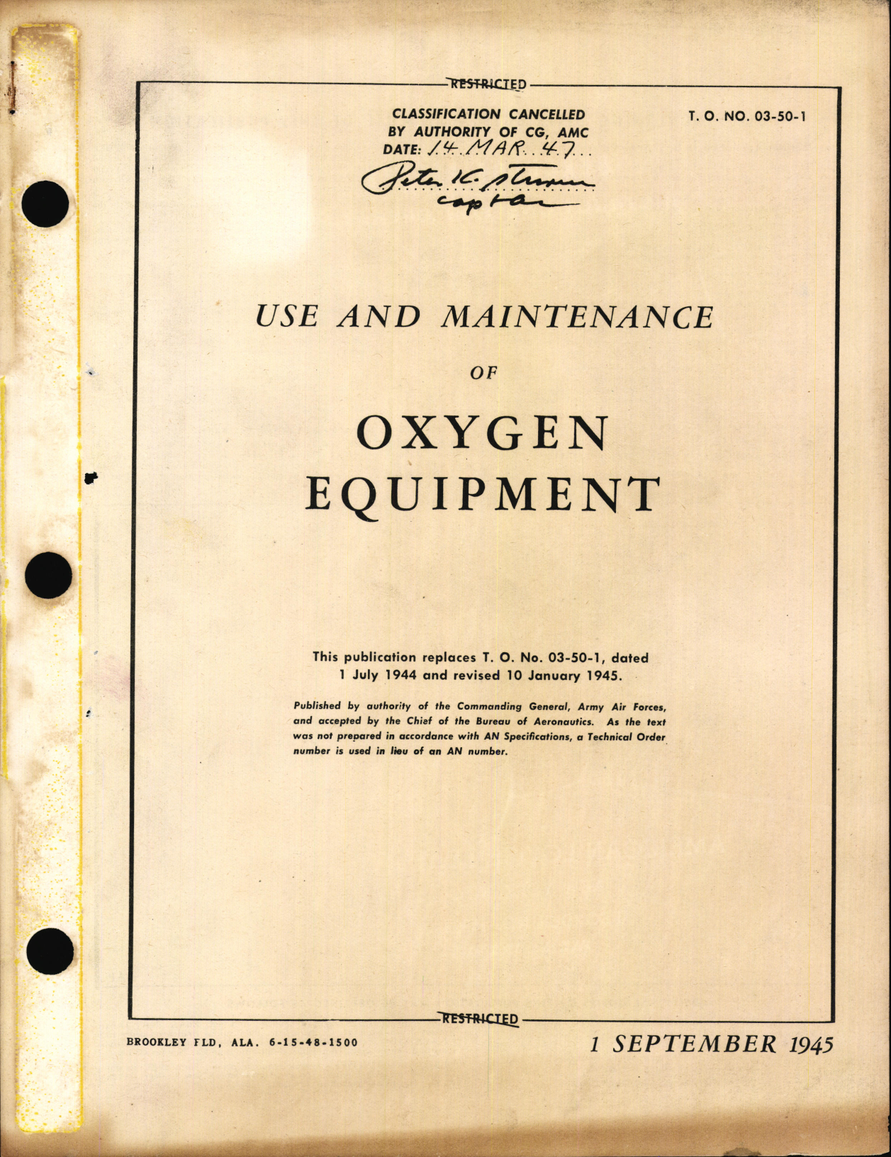 Sample page 1 from AirCorps Library document: Use and Maintenance of Oxygen Equipment