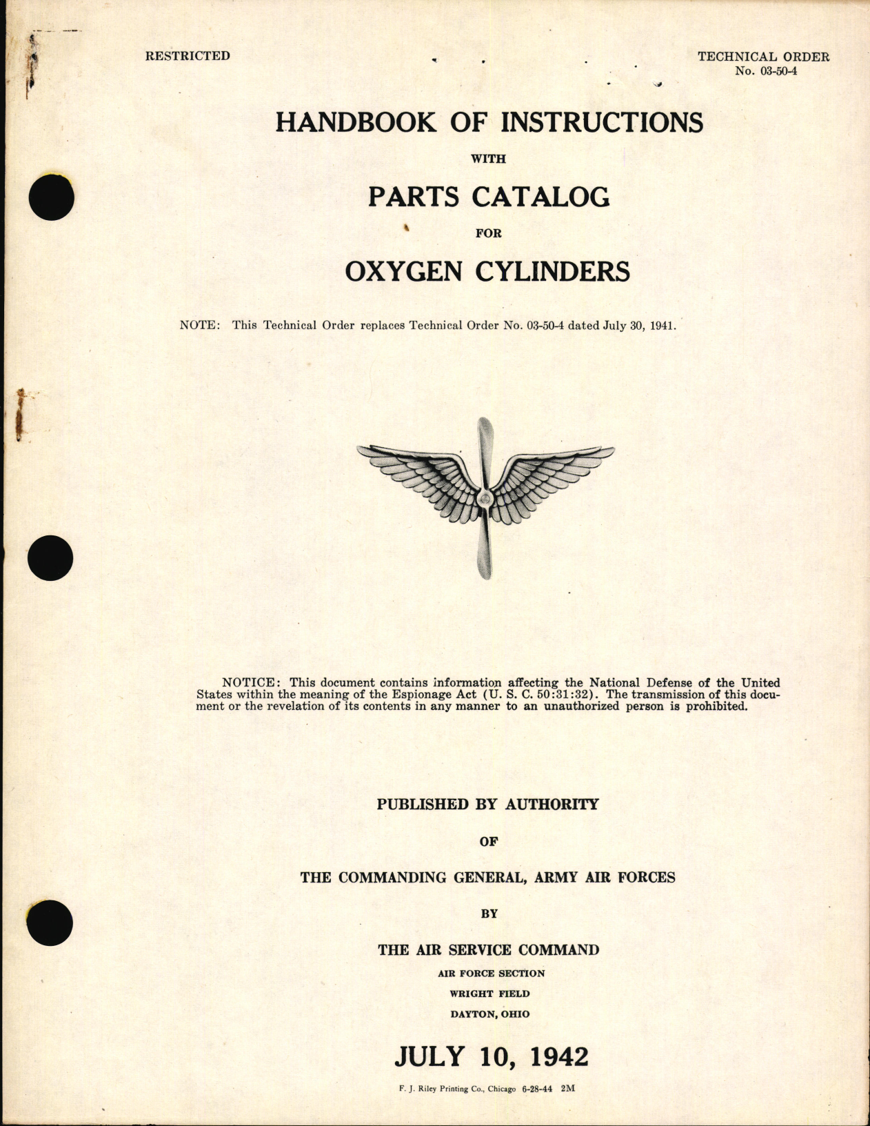 Sample page 1 from AirCorps Library document: Handbook of Instructions with Parts Catalog for Oxygen Cylinders