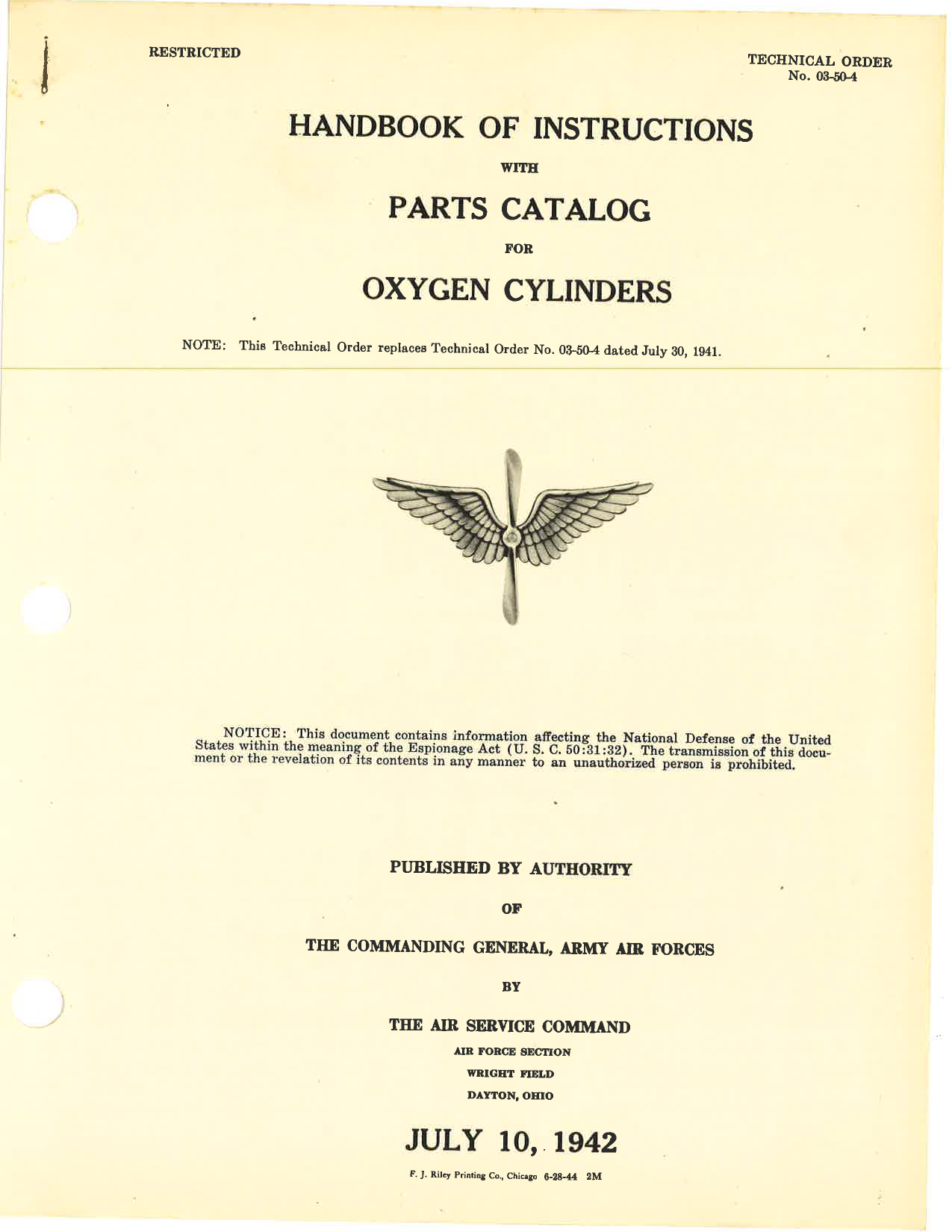 Sample page 1 from AirCorps Library document: Handbook of Instructions with Parts Catalog for Oxygen Cylinders
