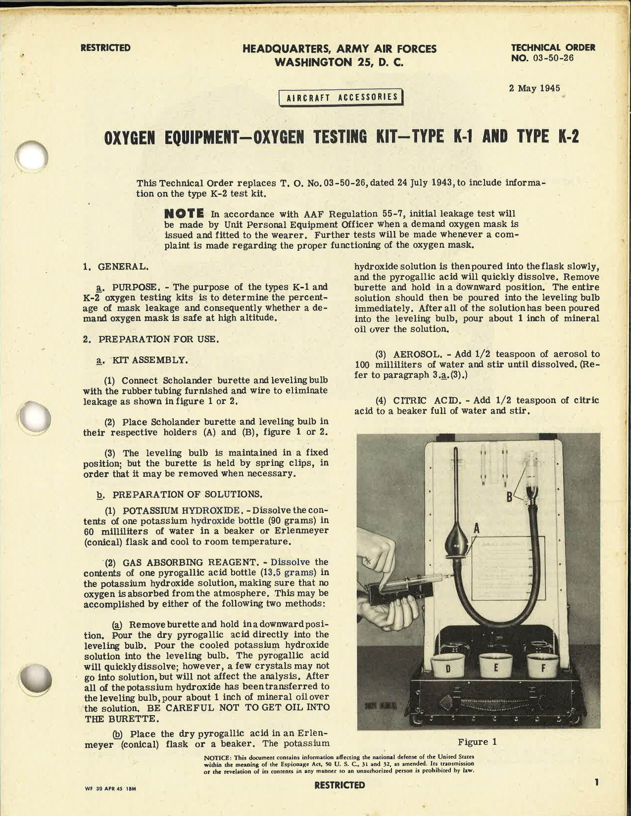 Sample page 1 from AirCorps Library document: Oxygen Equipment- Oxygen Testing Kit- Type K-1 and Type K-2