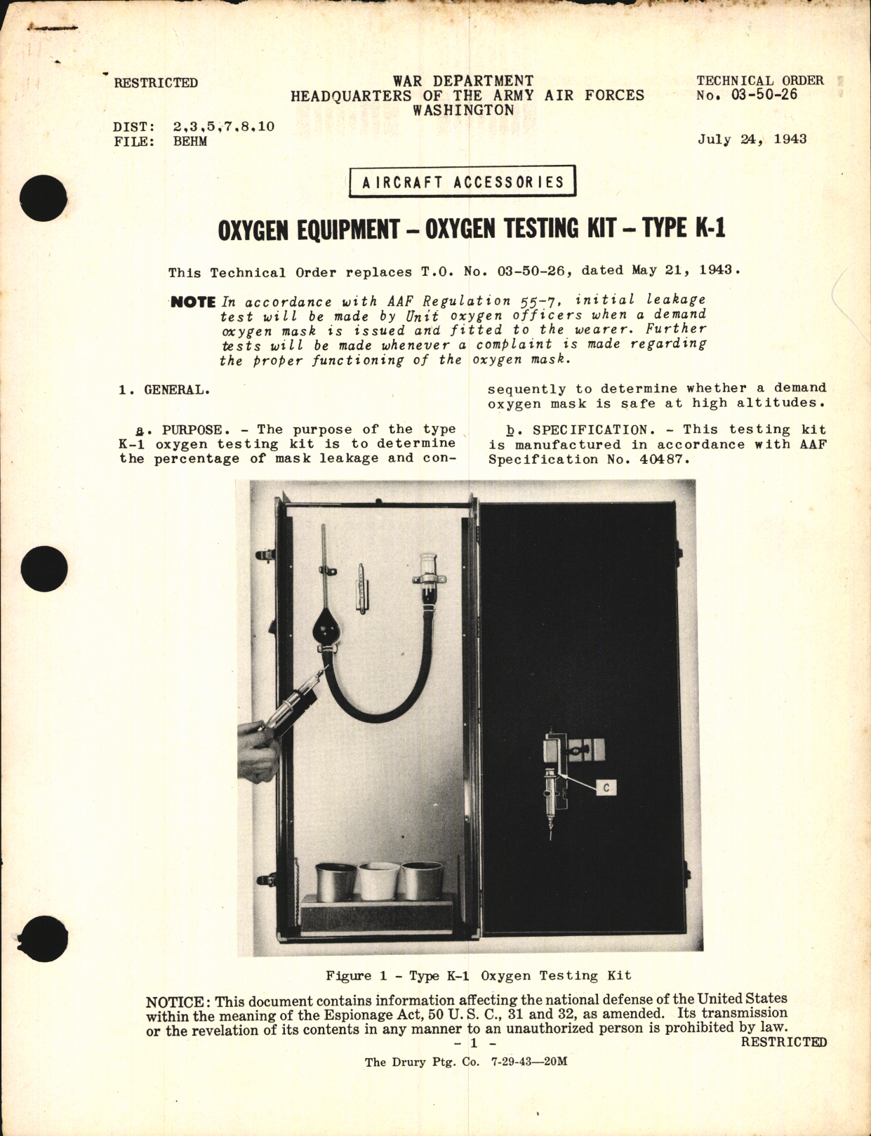Sample page 1 from AirCorps Library document: Oxygen Equipment- Oxygen Testing Kit- Type K-1 and Type K-2