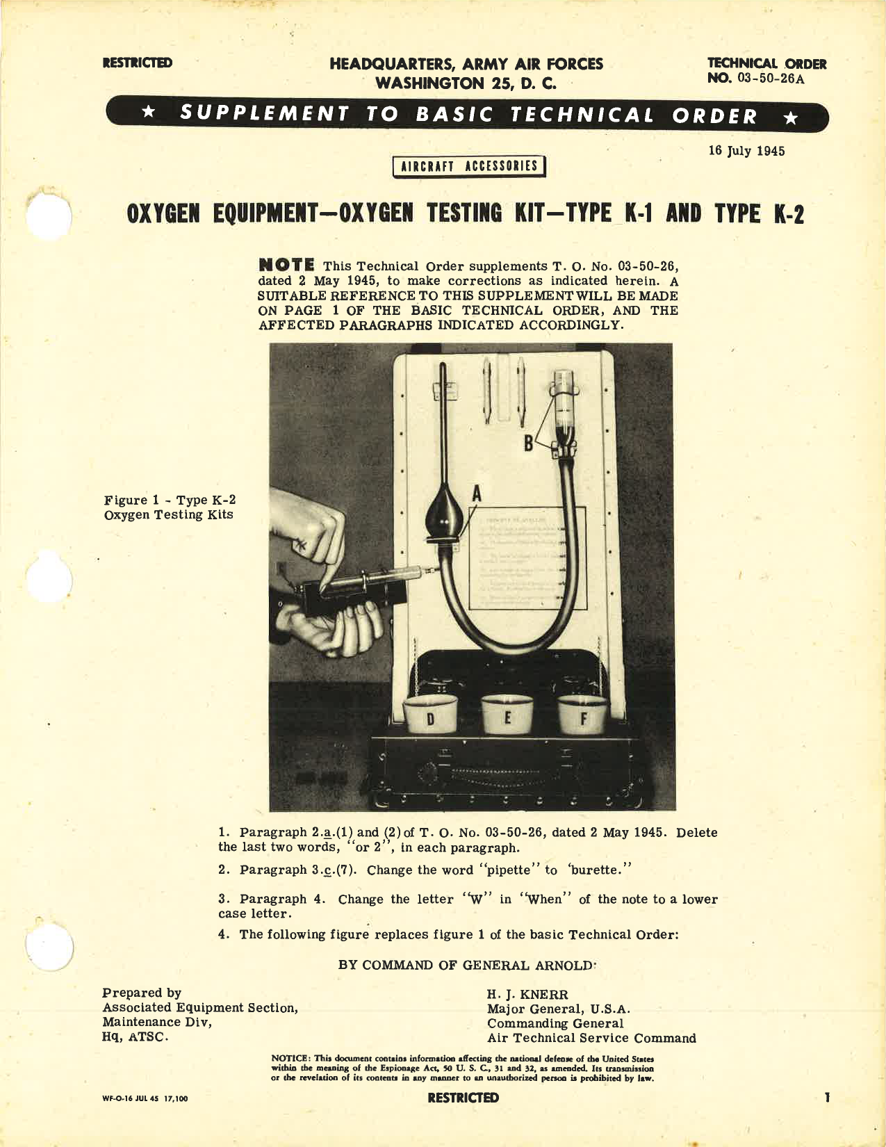 Sample page 1 from AirCorps Library document: Oxygen Equipment; Oxygen Testing Kit, Type K-1 and Type k-2