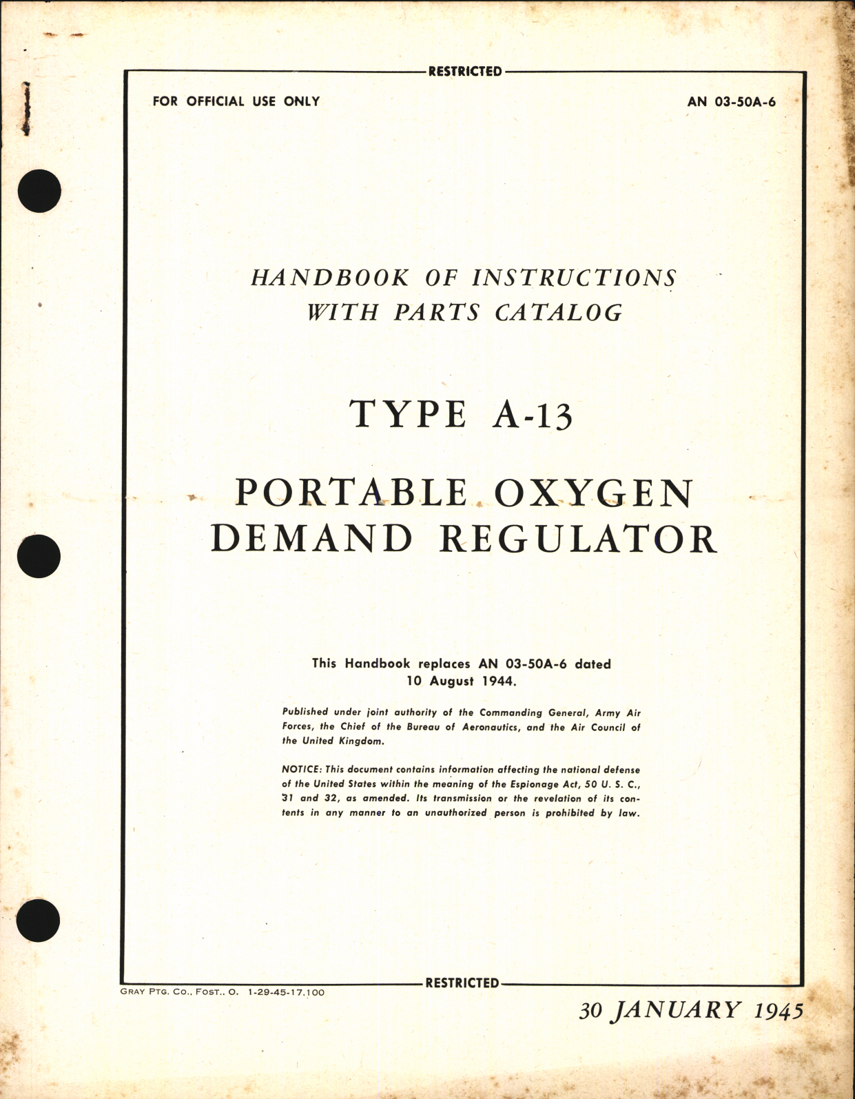 Sample page 1 from AirCorps Library document: Handbook of Instructions with Parts Catalog for Type A-13 Portable Oxygen Demand Regulator
