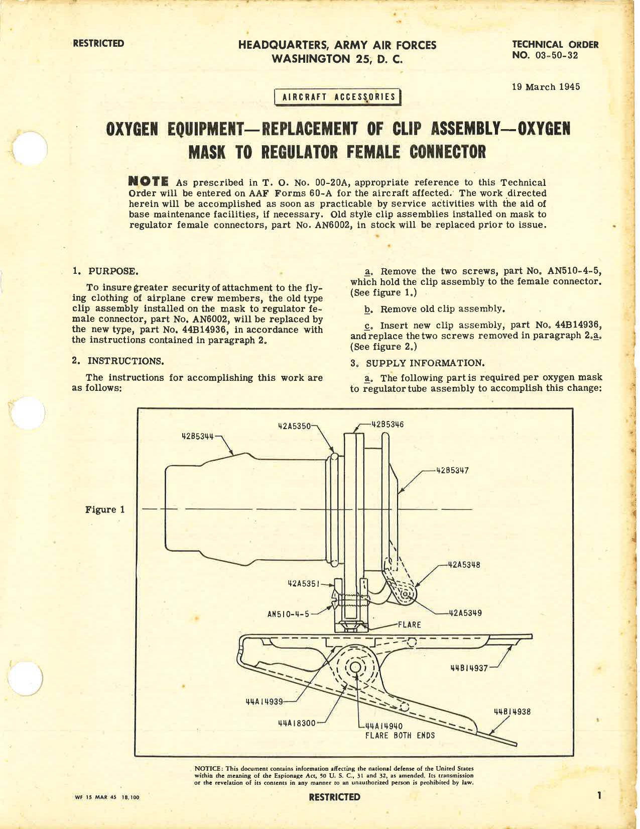 Sample page 1 from AirCorps Library document: Oxygen Equipment; Replacement of Clip Assembly for Oxygen Mask to Regulator Female Connector