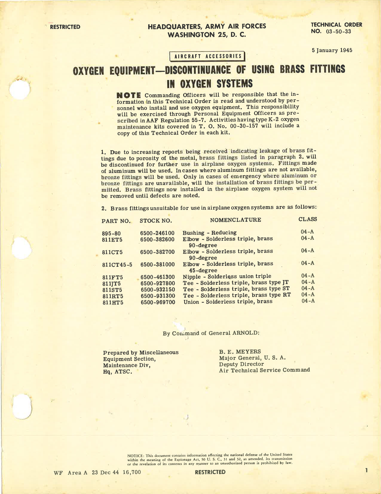 Sample page 1 from AirCorps Library document: Aircraft Accessories; Oxygen Equipment for Discontinuance of Using Brass Fittings in Oxygen Systems