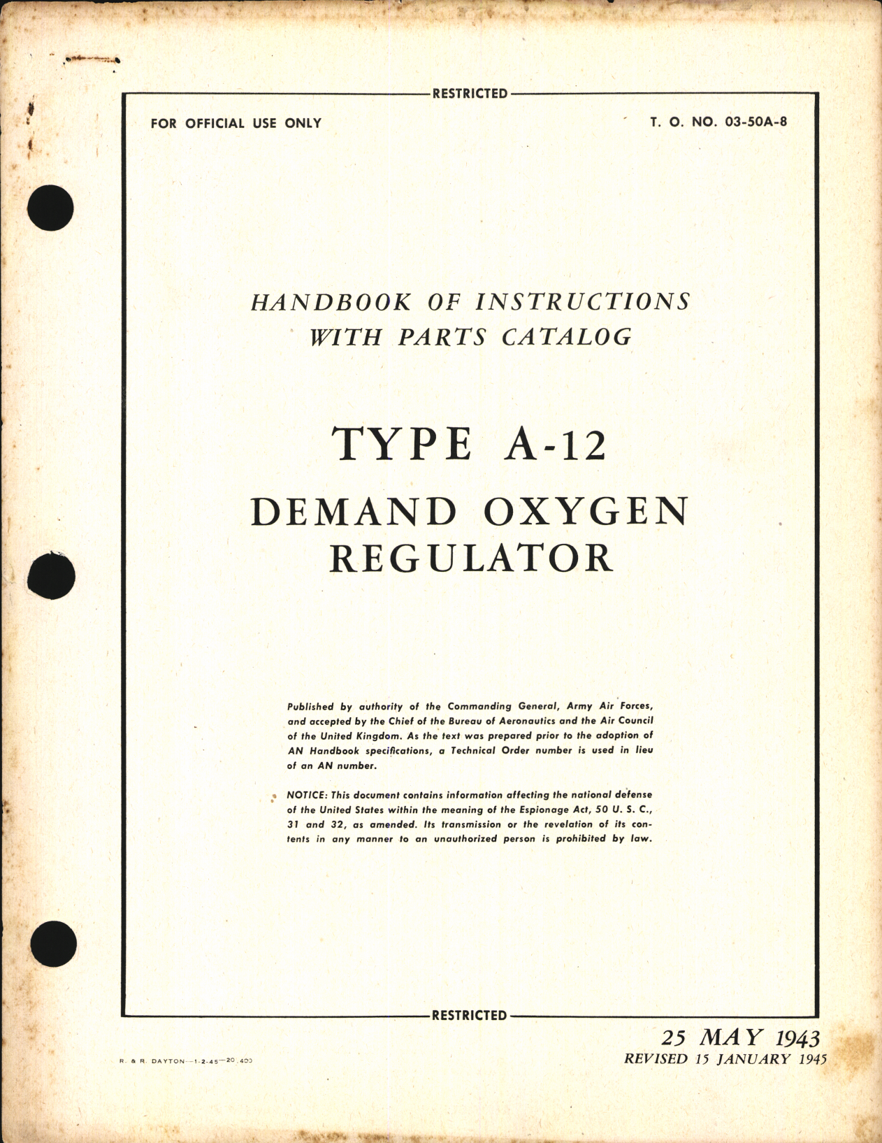 Sample page 1 from AirCorps Library document: Handbook of Instructions with Parts Catalog for Type A-12 Demand Oxygen Regulator
