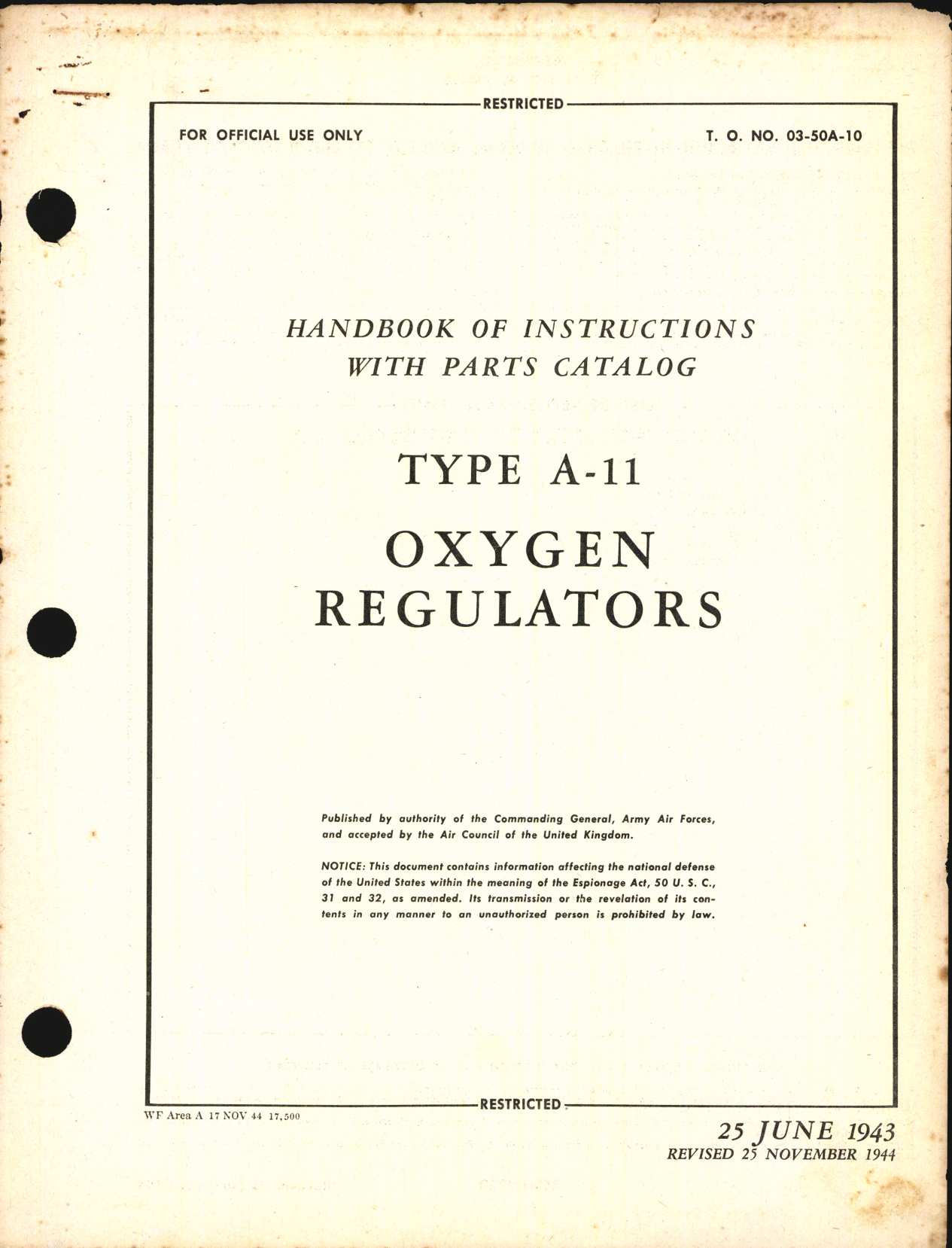 Sample page 1 from AirCorps Library document: Handbook of Instructions with Parts Catalog for Type A-11 Oxygen Regulators