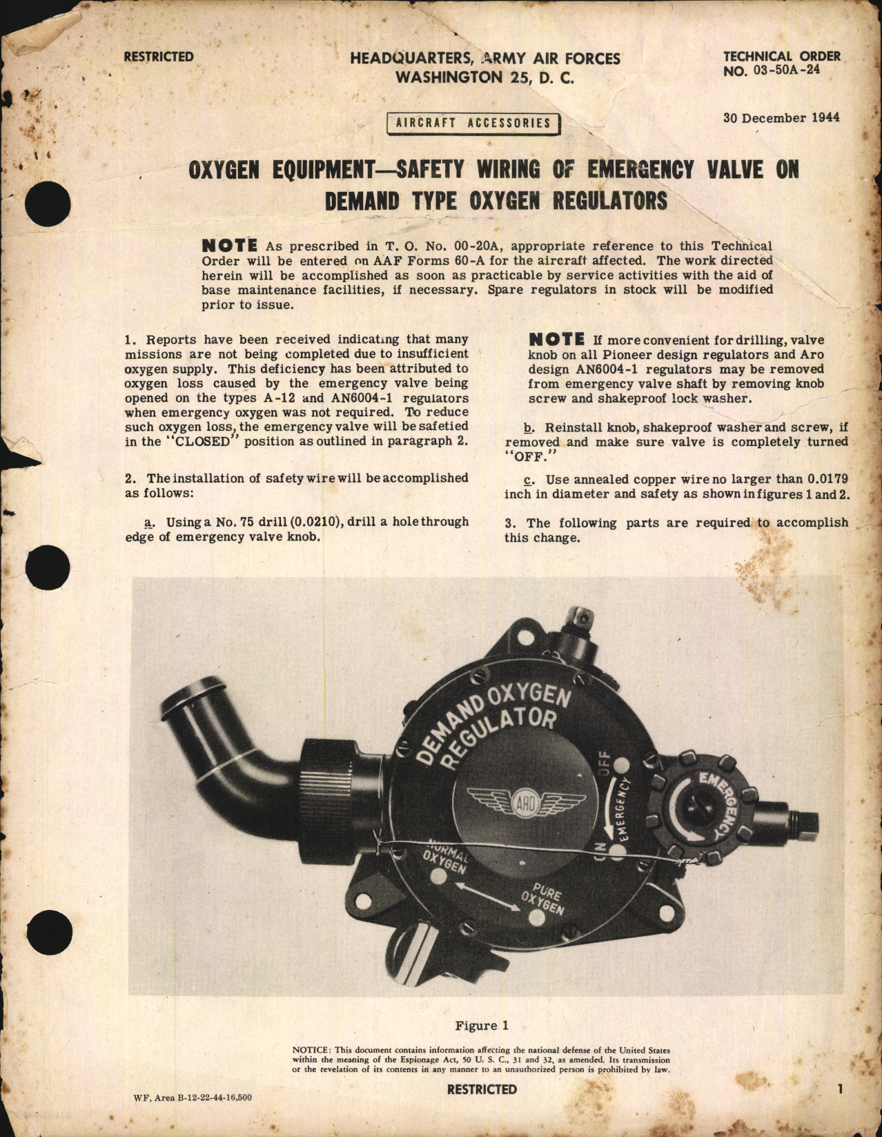 Sample page 1 from AirCorps Library document: Aircraft Accessories; Oxygen Equipment for Safety Wiring of Emergency Valve on Demand Type Oxygen Regulators