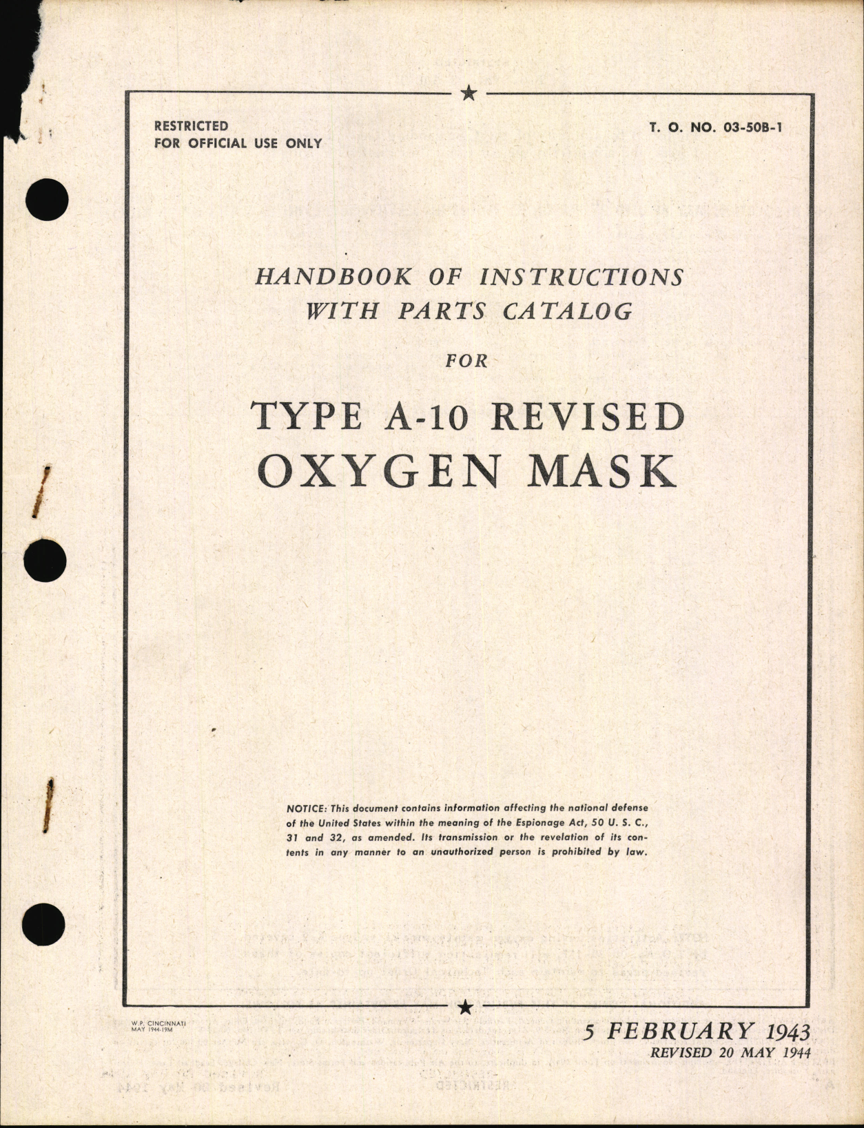 Sample page 1 from AirCorps Library document: Handbook of Instructions with Parts Catalog for Type A-10 Revised Oxygen Mask