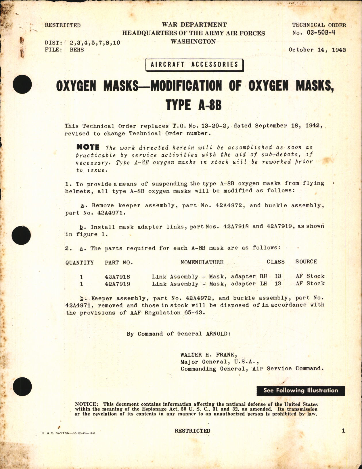 Sample page 1 from AirCorps Library document: Aircraft Accessories; Oxygen Masks- Modification of Oxygen Masks for Type A-8B