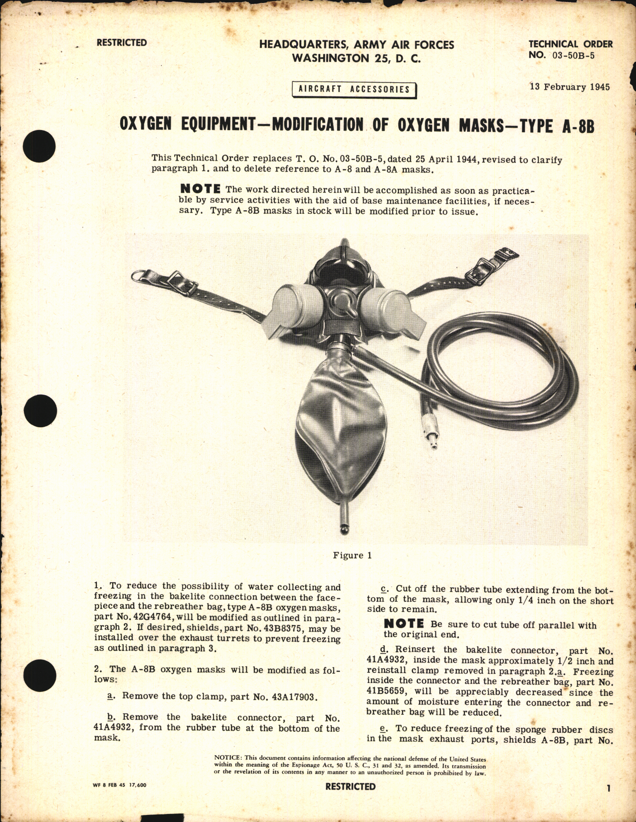Sample page 1 from AirCorps Library document: Aircraft Accessories; Oxygen Equipment- Modification of Oxygen Masks for Type A-8B