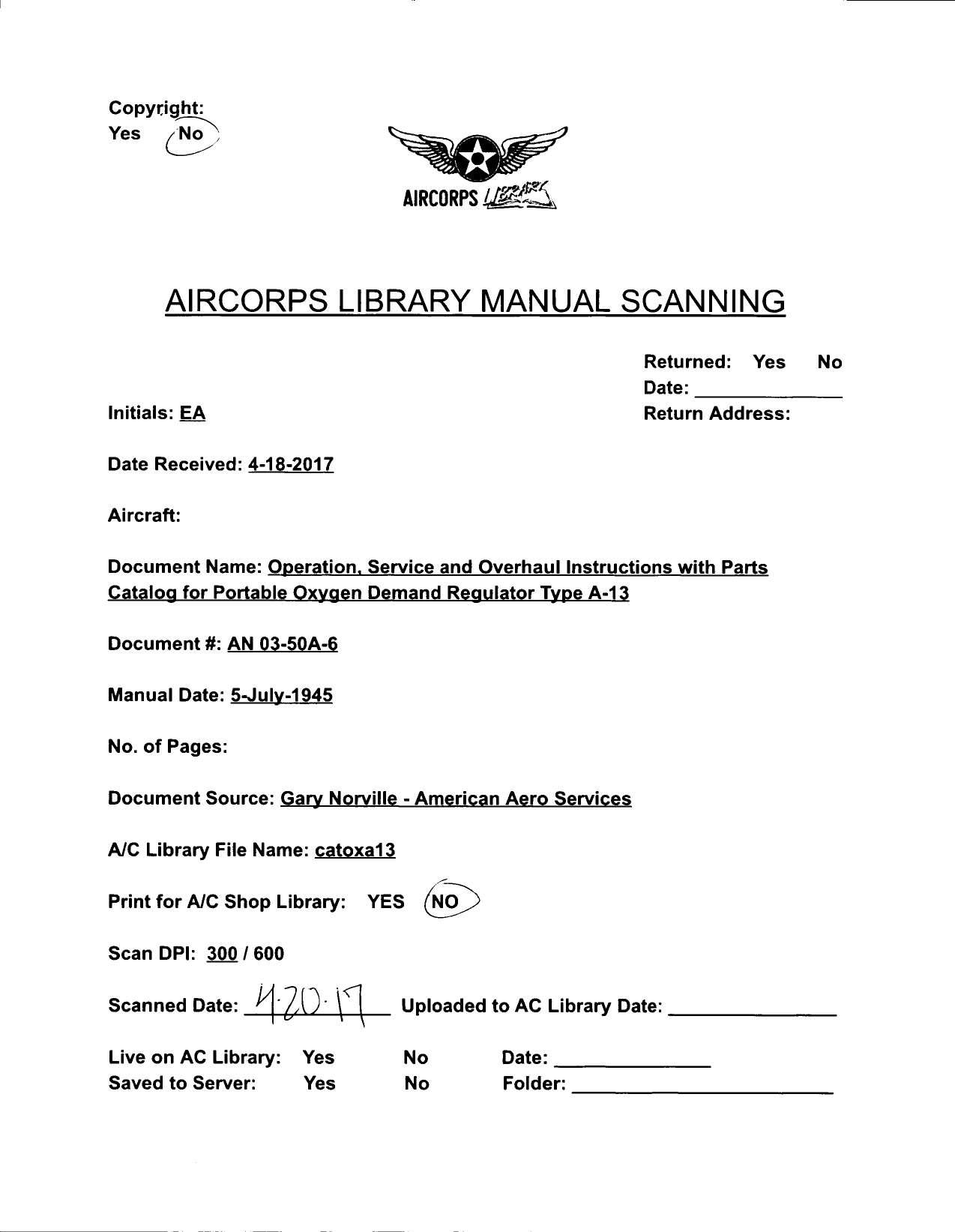 Sample page 1 from AirCorps Library document: Operation, Service and Overhaul Instructions with Parts Catalog for Portable Oxygen Demand Regulator Type A-13