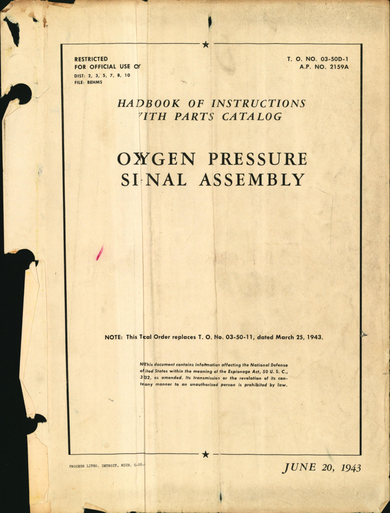 Sample page 1 from AirCorps Library document: Handbook of Instructions with Parts Catalog for Oxygen Pressure Signal Assembly