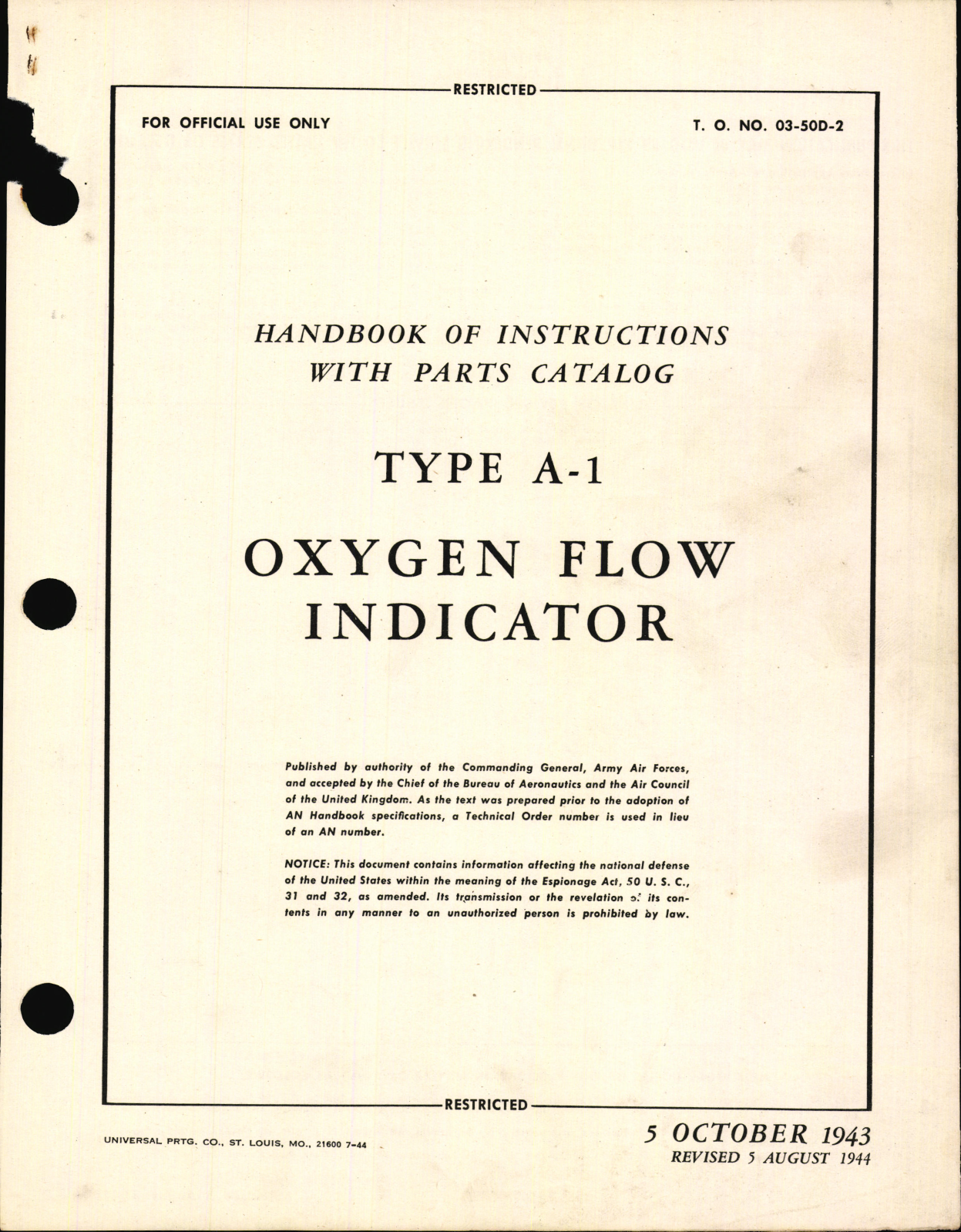 Sample page 1 from AirCorps Library document: Handbook of Instructions with Parts Catalog for Type A-1 Oxygen Flow Indicator