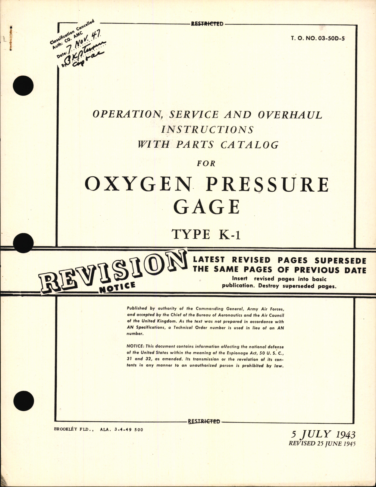 Sample page 1 from AirCorps Library document: Operation, Service and Overhaul Instructions with Parts Catalog for Oxygen Pressure Gage Type K-1
