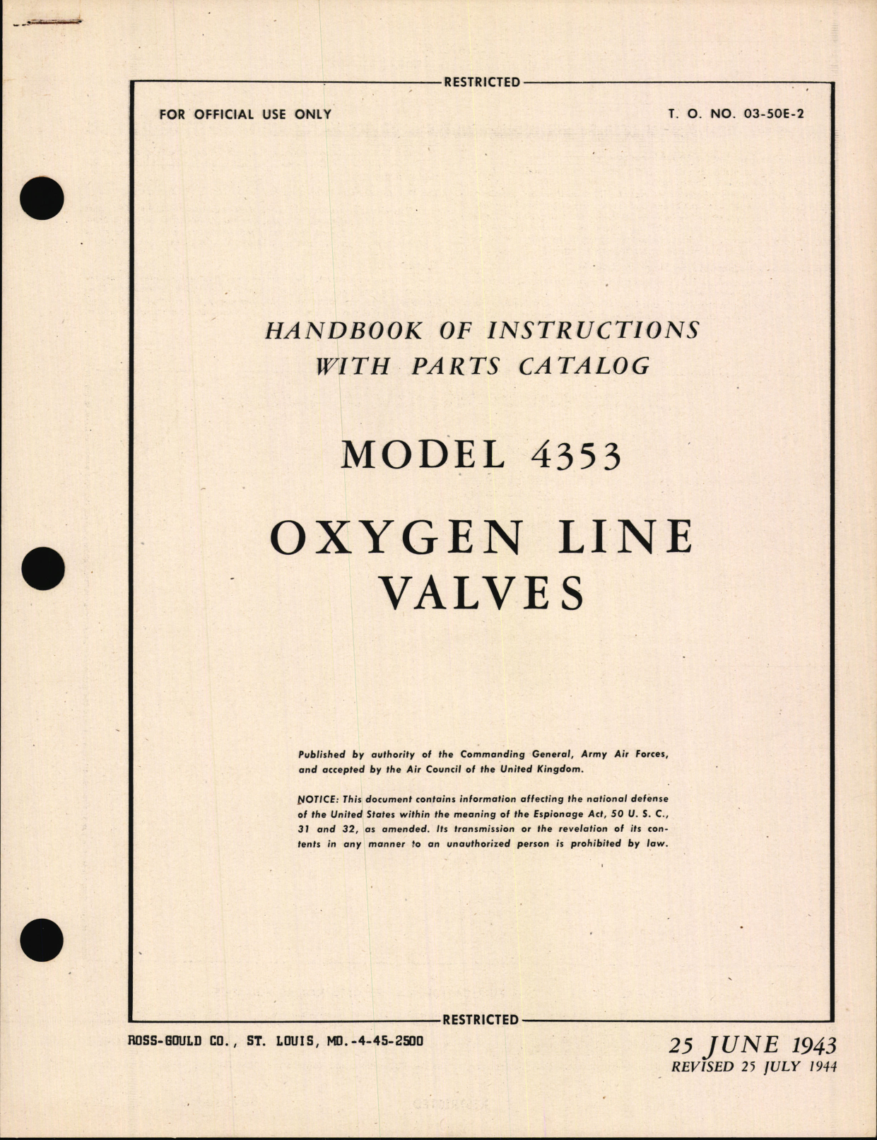 Sample page 1 from AirCorps Library document: Handbook of Instructions with Parts Catalog for Oxygen Line Valves Model 4353