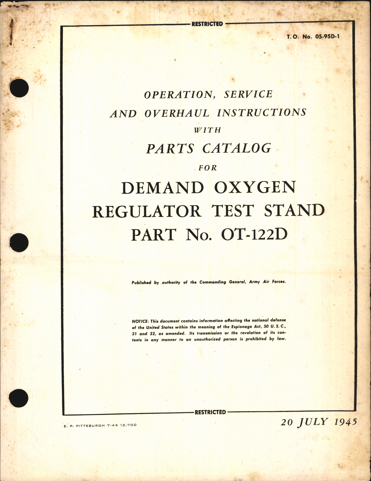 Sample page 1 from AirCorps Library document: Operation, Service and Overhaul Instructions with Parts Catalog for Demand Oxygen Regulator Test Stand Part No. OT-122D