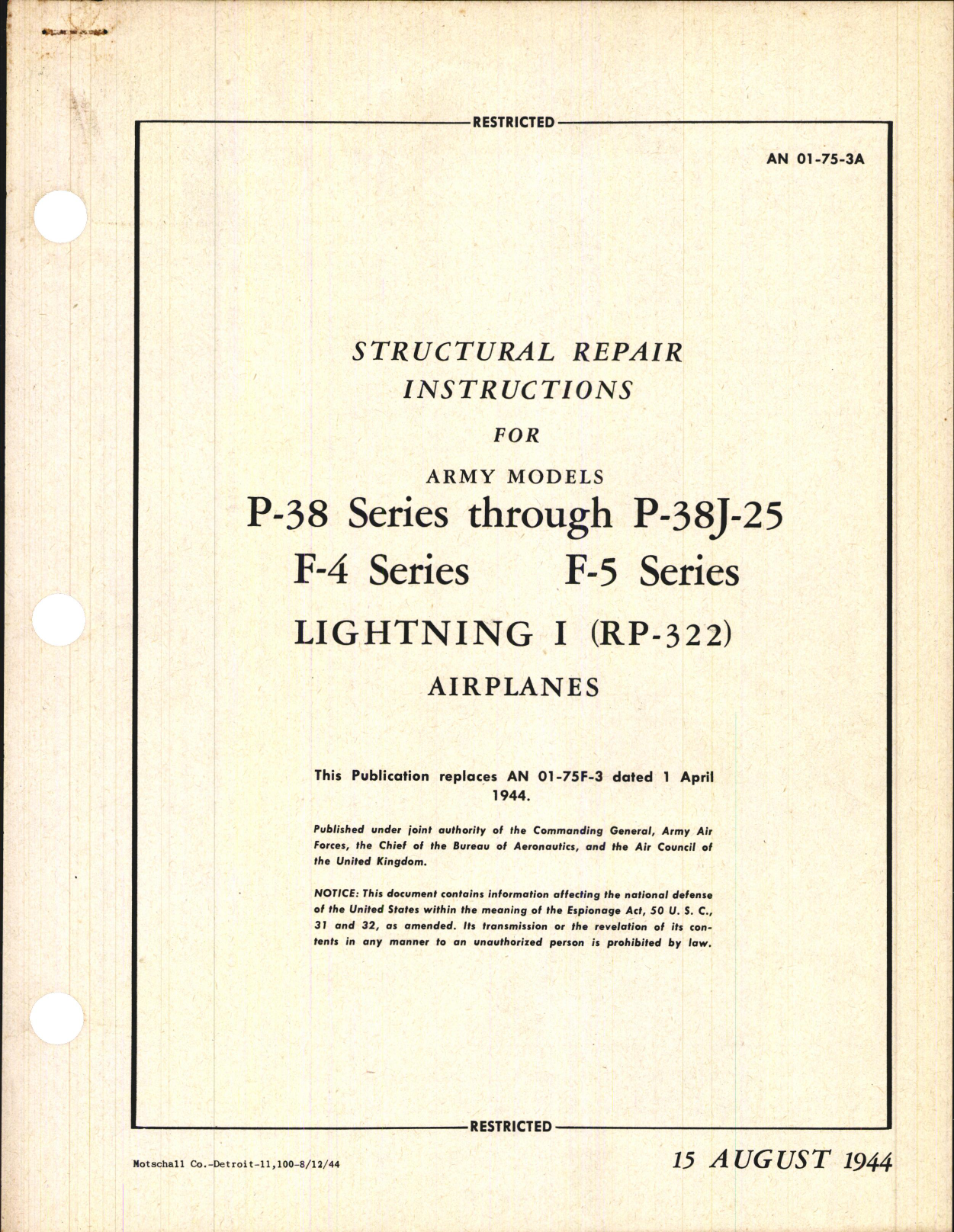 Sample page 1 from AirCorps Library document: Structural Repair Instructions for P-38 Series through P-38J-25, F-4 and F-5 Series