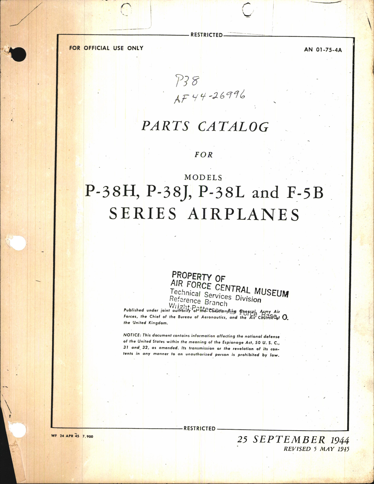 Sample page 1 from AirCorps Library document: Parts Catalog for P-38H, P-38J, P-38L, and F-5B Airplanes