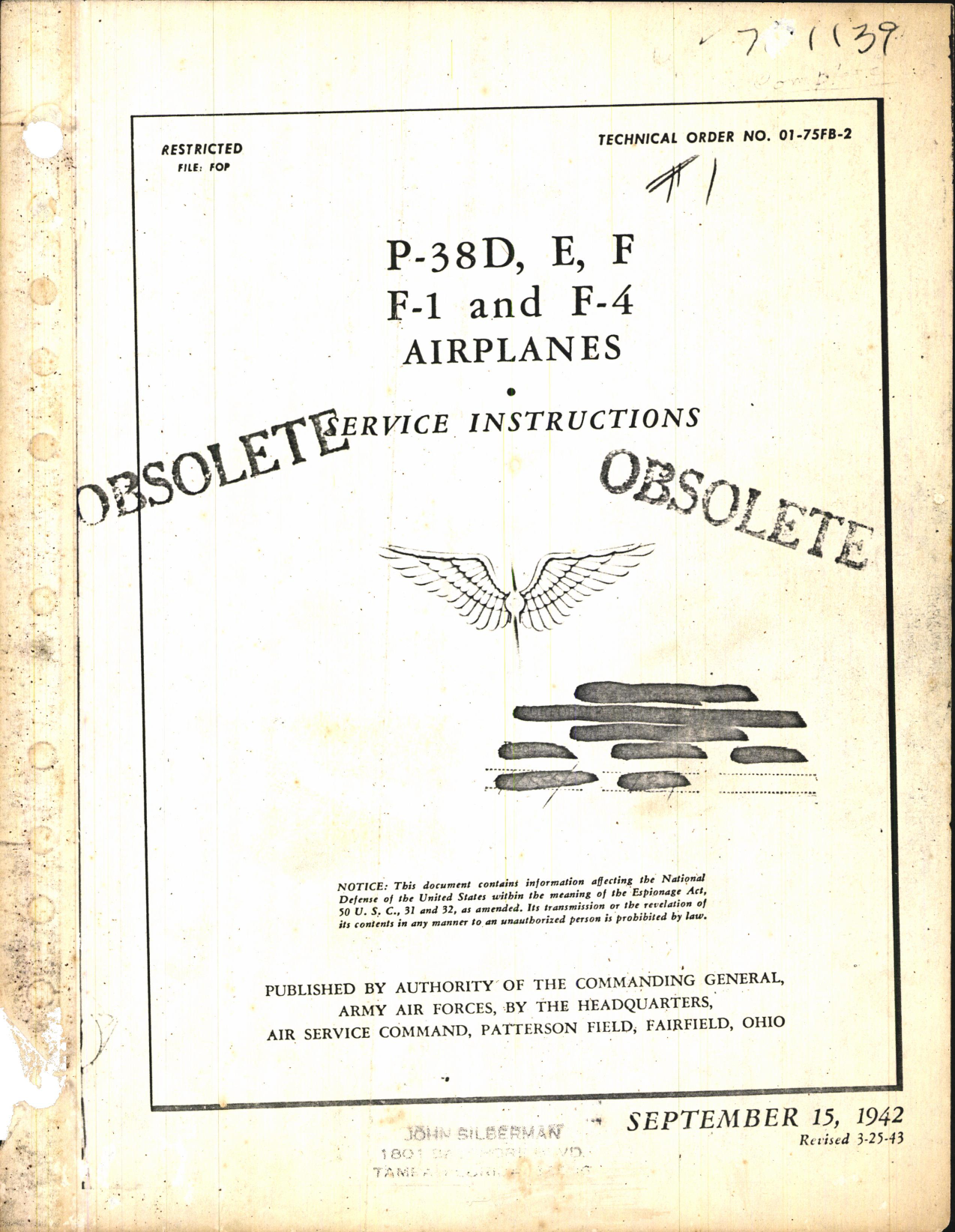 Sample page 1 from AirCorps Library document: Service Instructions for P-38D, E, F, F-1, and F-4 Airplanes