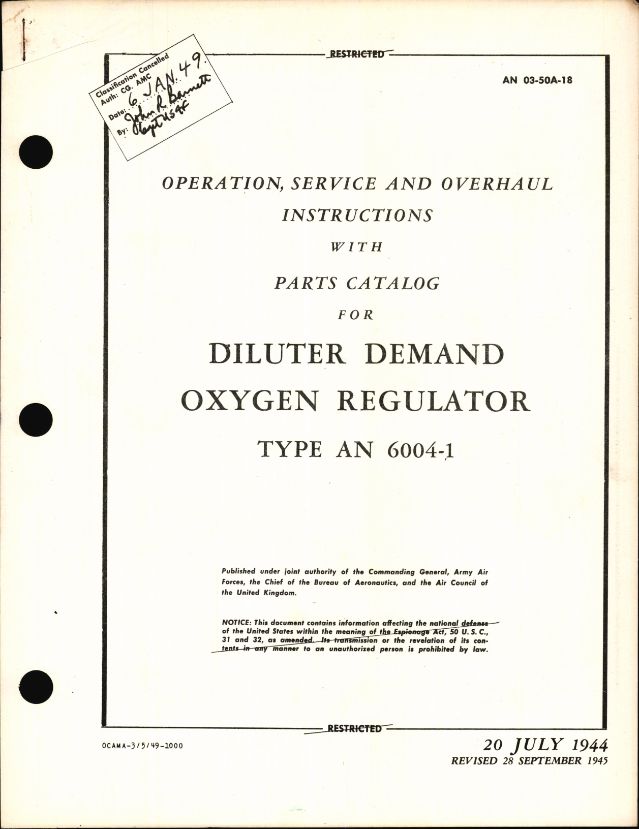 Sample page 1 from AirCorps Library document: Operation, Service and Overhaul Instructions with Parts Catalog for Diluter Demand Oxygen Regulator Type AN 6004-1