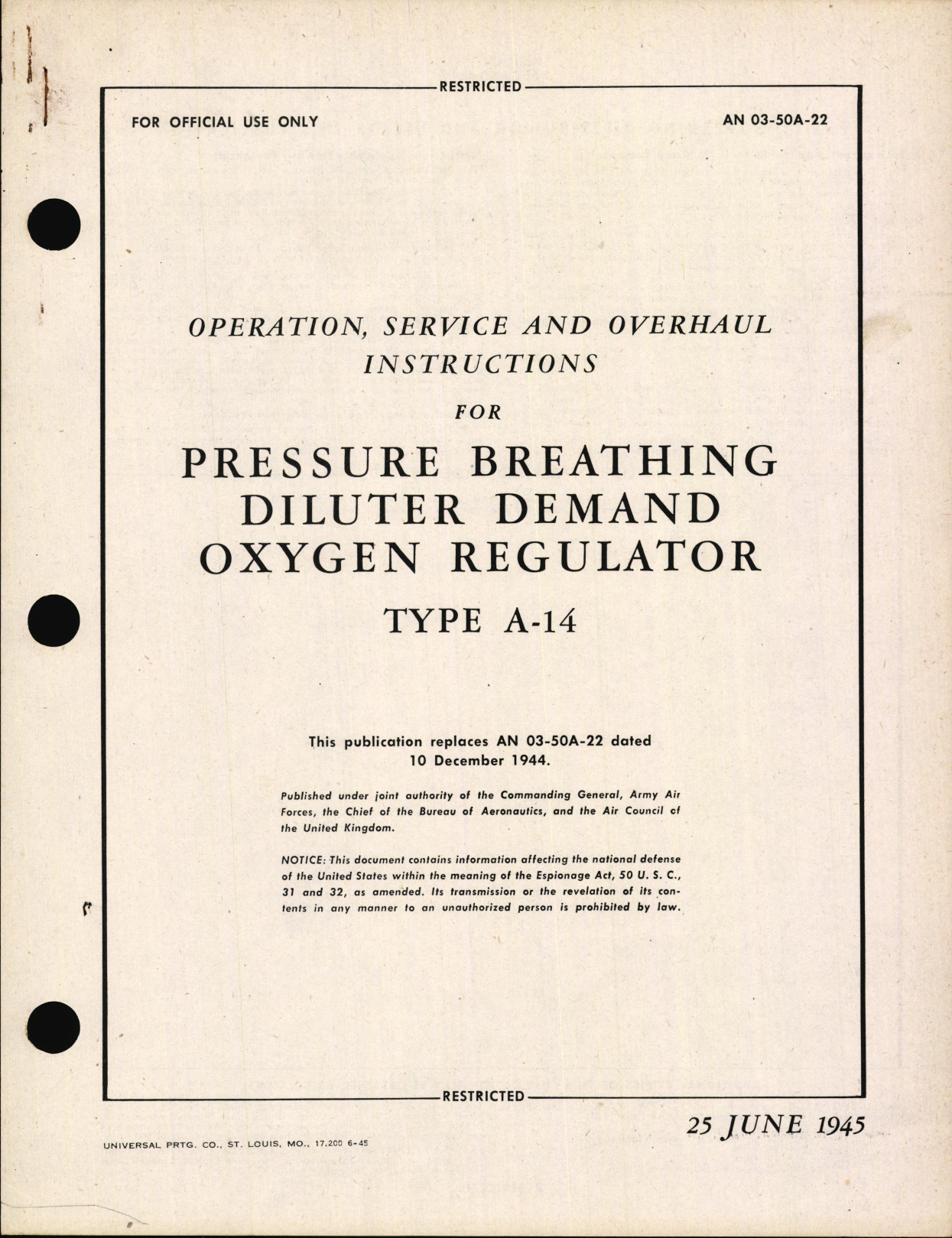 Sample page 1 from AirCorps Library document: Operation, Service and Overhaul Instructions for Pressure Breathing Diluter Demand Oxygen Regulator Type A-14