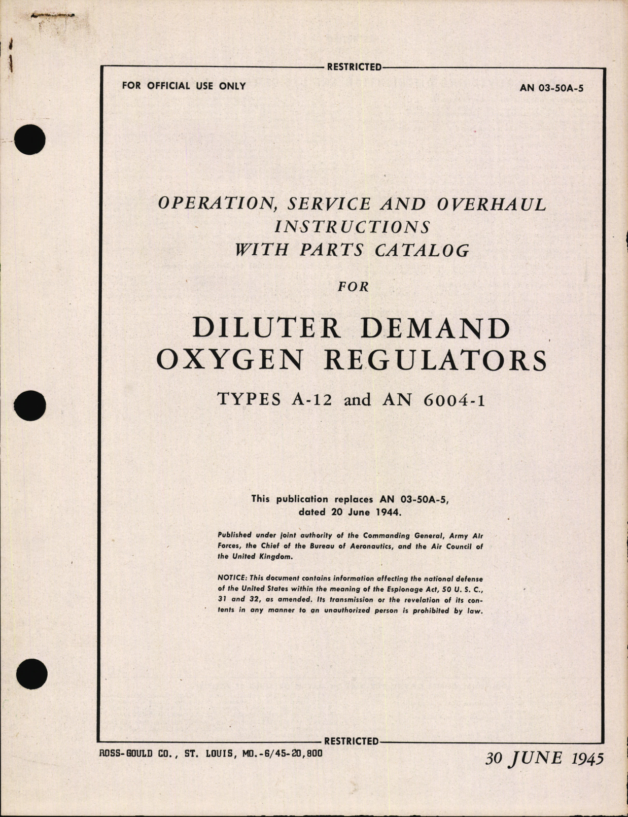 Sample page 1 from AirCorps Library document: Operation, Service and Overhaul Instructions with Parts Catalog for Diluter Demand Oxygen Regulators