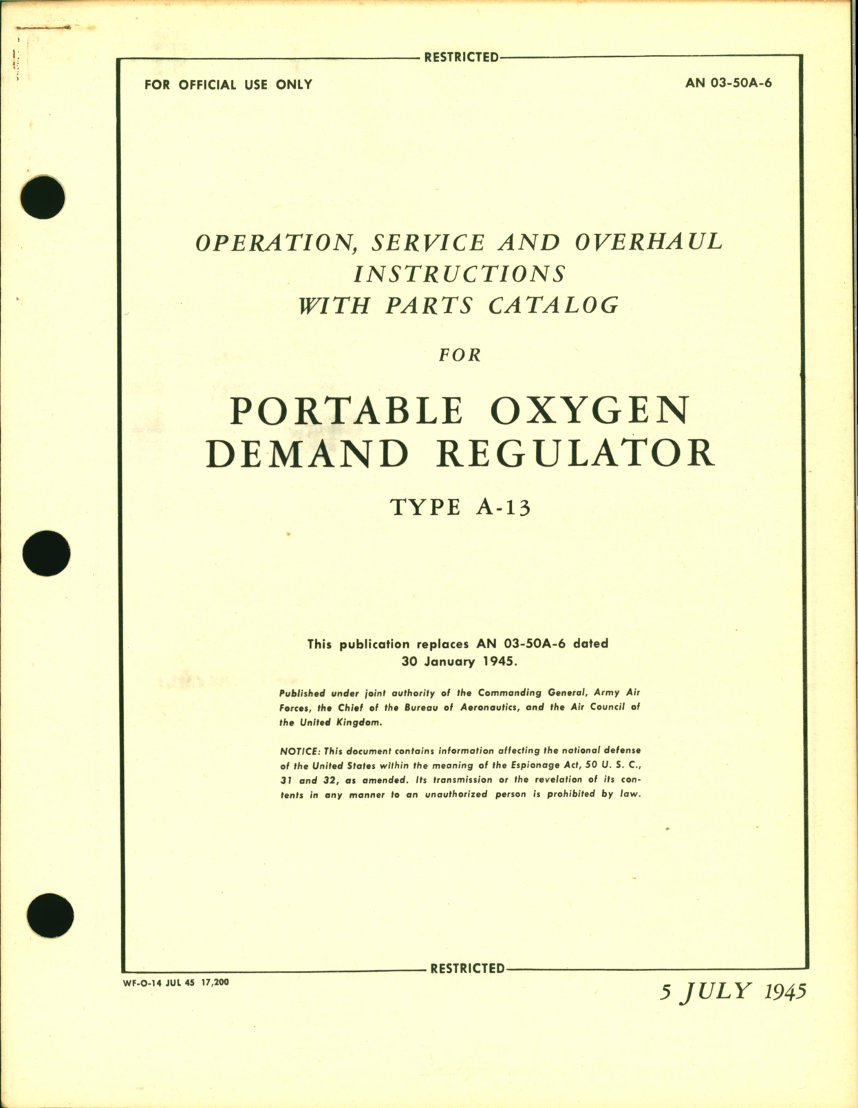 Sample page 1 from AirCorps Library document: Operation, Service and Overhaul Instructions with Parts Catalog for Portable Oxygen Demand Regulator Type A-13