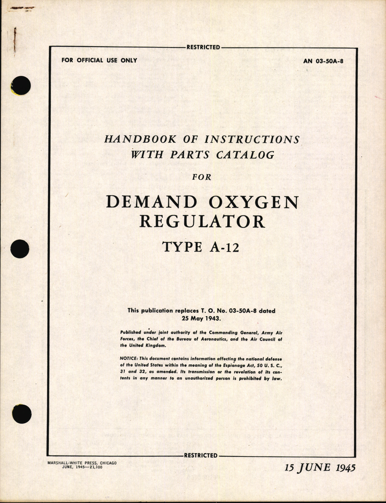 Sample page 1 from AirCorps Library document: Handbook of Instructions with Parts Catalog for Demand Oxygen Regulator Type A-12