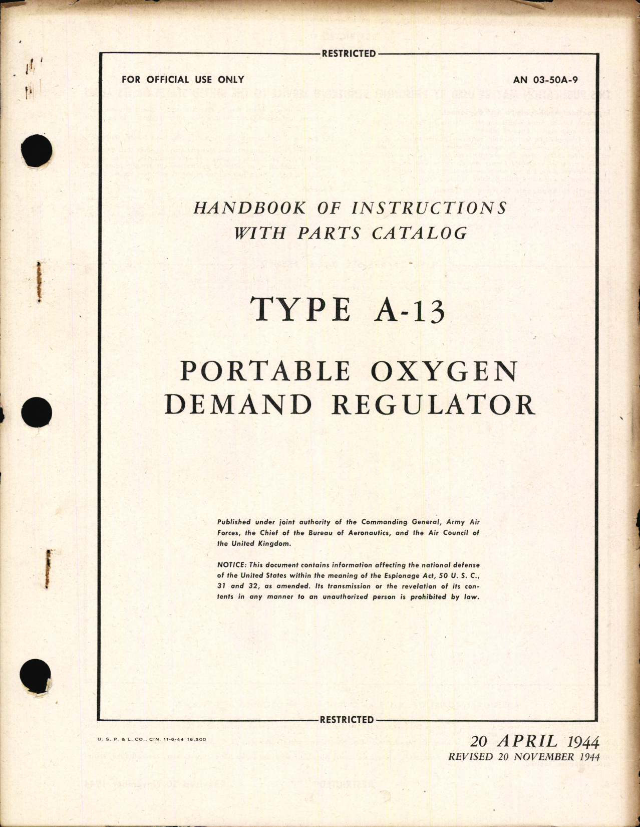 Sample page 1 from AirCorps Library document: Handbook of Instructions with Parts Catalog for Type A-13 Portable Oxygen Demand Regulator