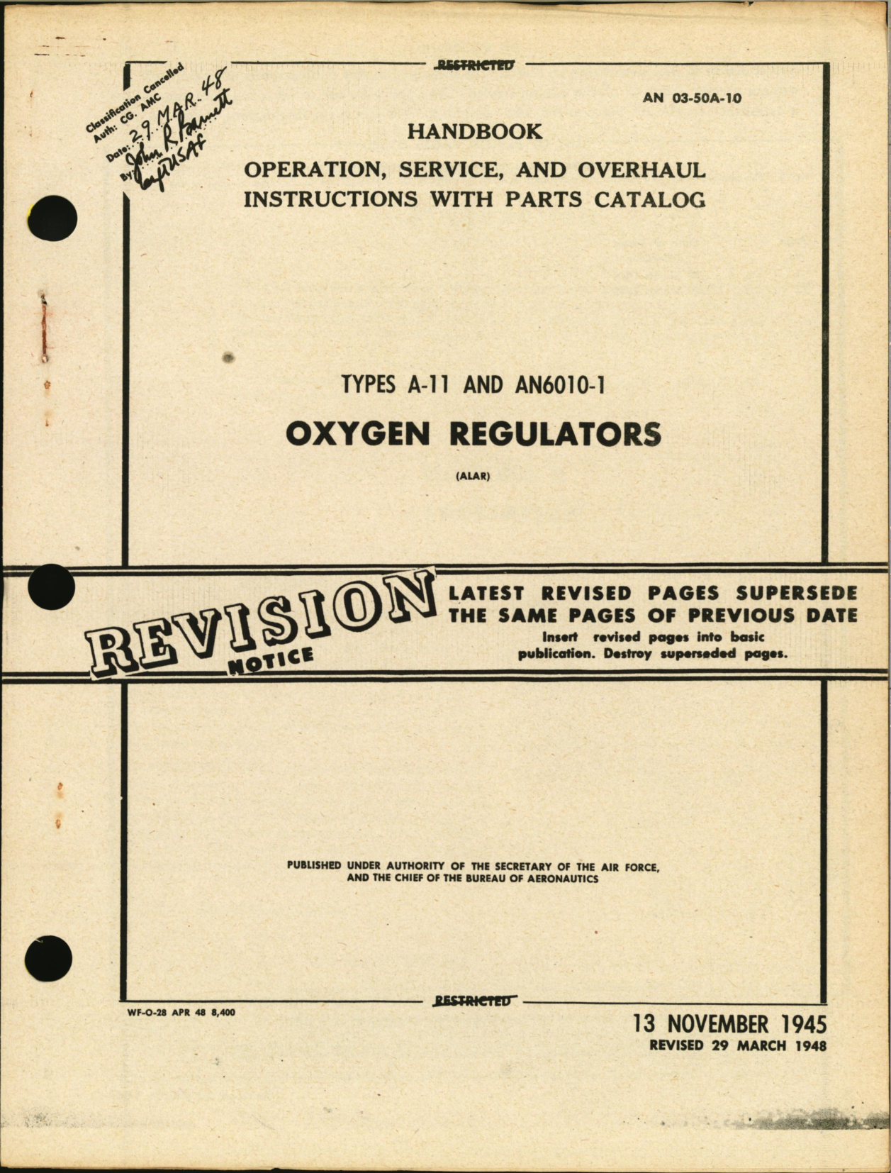 Sample page 1 from AirCorps Library document: Handbook of Operation, Service, and Overhaul Instructions with Parts Catalog for Oxygen Regulators