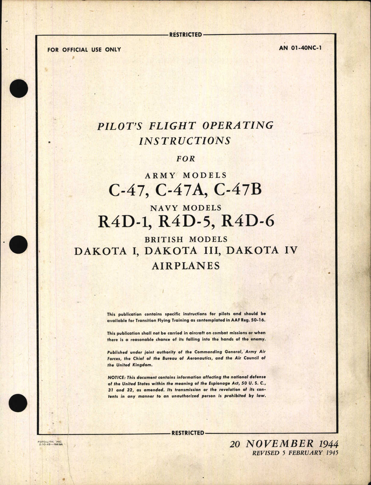 Sample page 1 from AirCorps Library document: Pilot's Flight Operating Instructions for C-47, C-47A, C-47B, R4D-1, R4D-5, and R4D-6