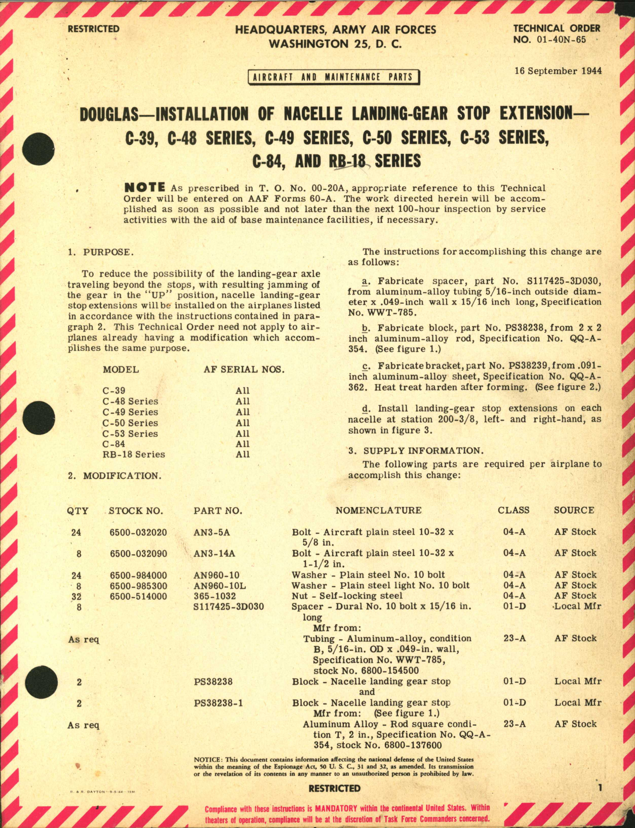 Sample page 1 from AirCorps Library document: Installation of Nacelle Landing-Gear Stop Extension