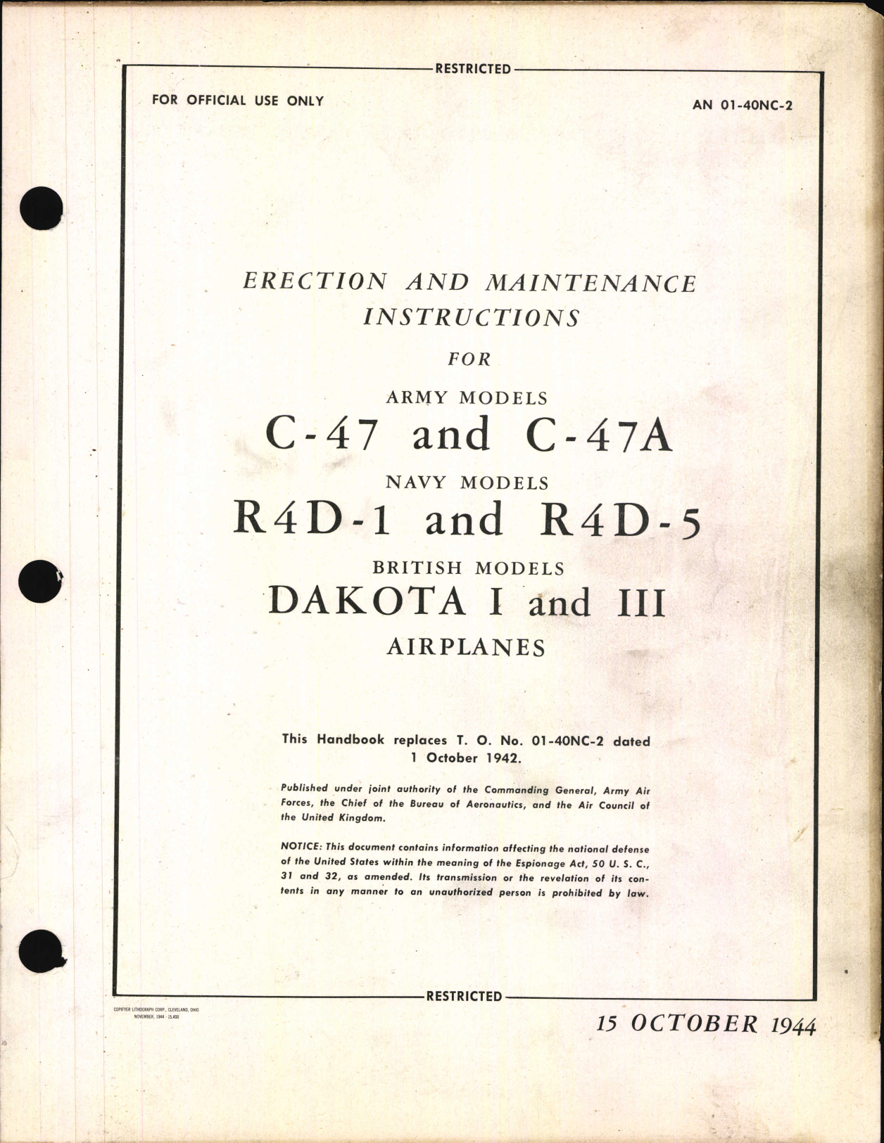 Sample page 1 from AirCorps Library document: Erection and Maintenance Instructions for C-47, C-47A, R4D-1, and R4D-5